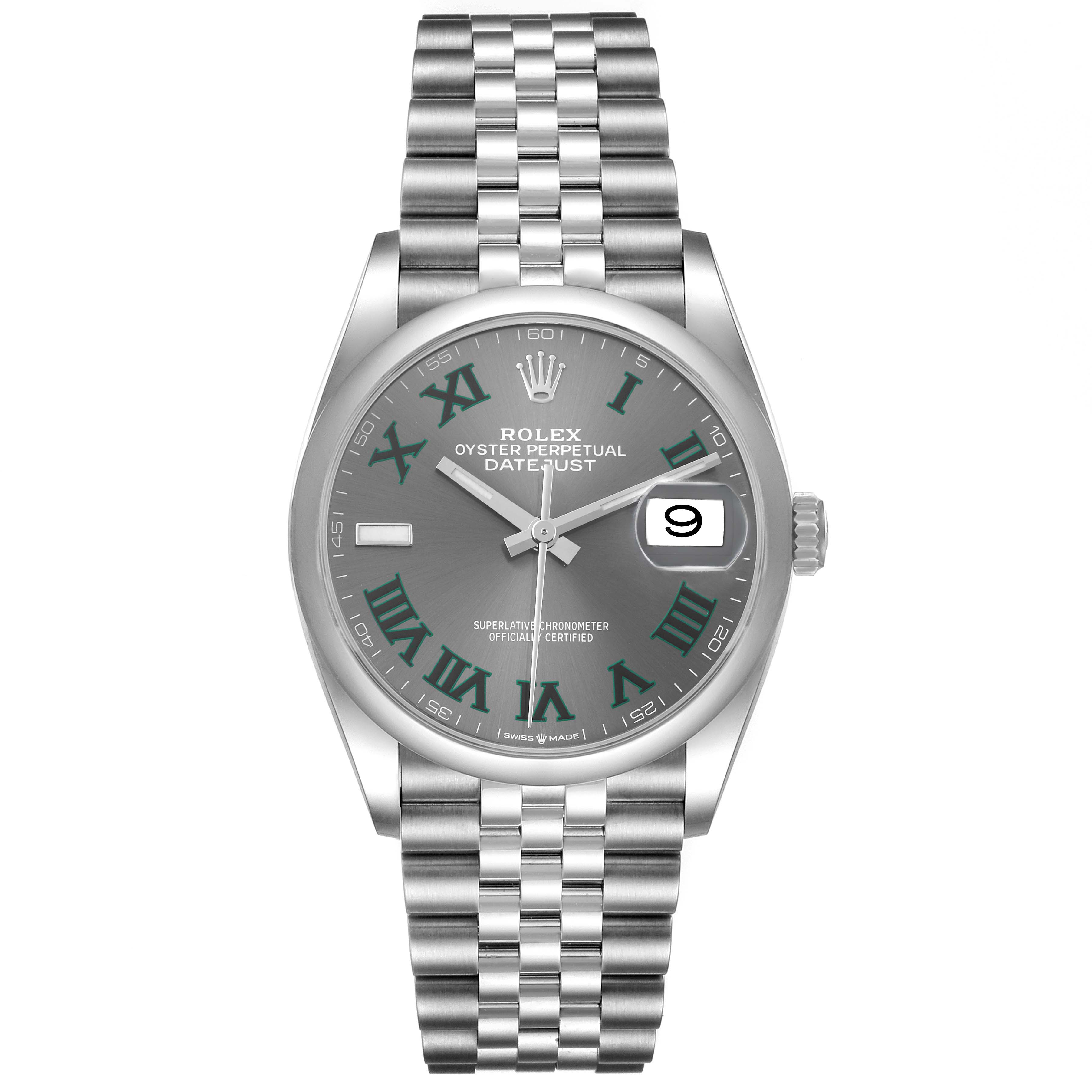 This image shows a Rolex Datejust 126200 Men's Stainless Steel Grey Dial 126200 Men's Stainless Steel Grey Dial watch head-on, highlighting its face, date window, and Oyster bracelet.