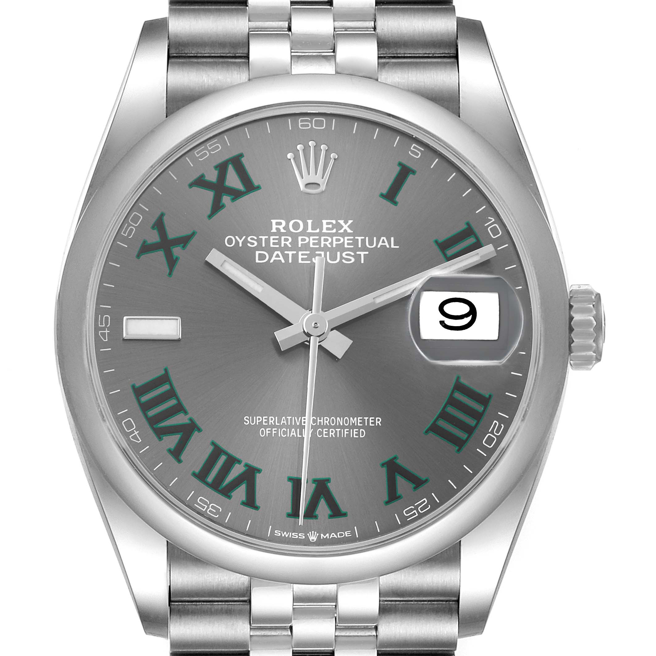 This image shows a front view of a Rolex Datejust 126200 Men's Stainless Steel Grey Dial 126200 Men's Stainless Steel Grey Dial watch, highlighting its dial, hands, date window, and bracelet.