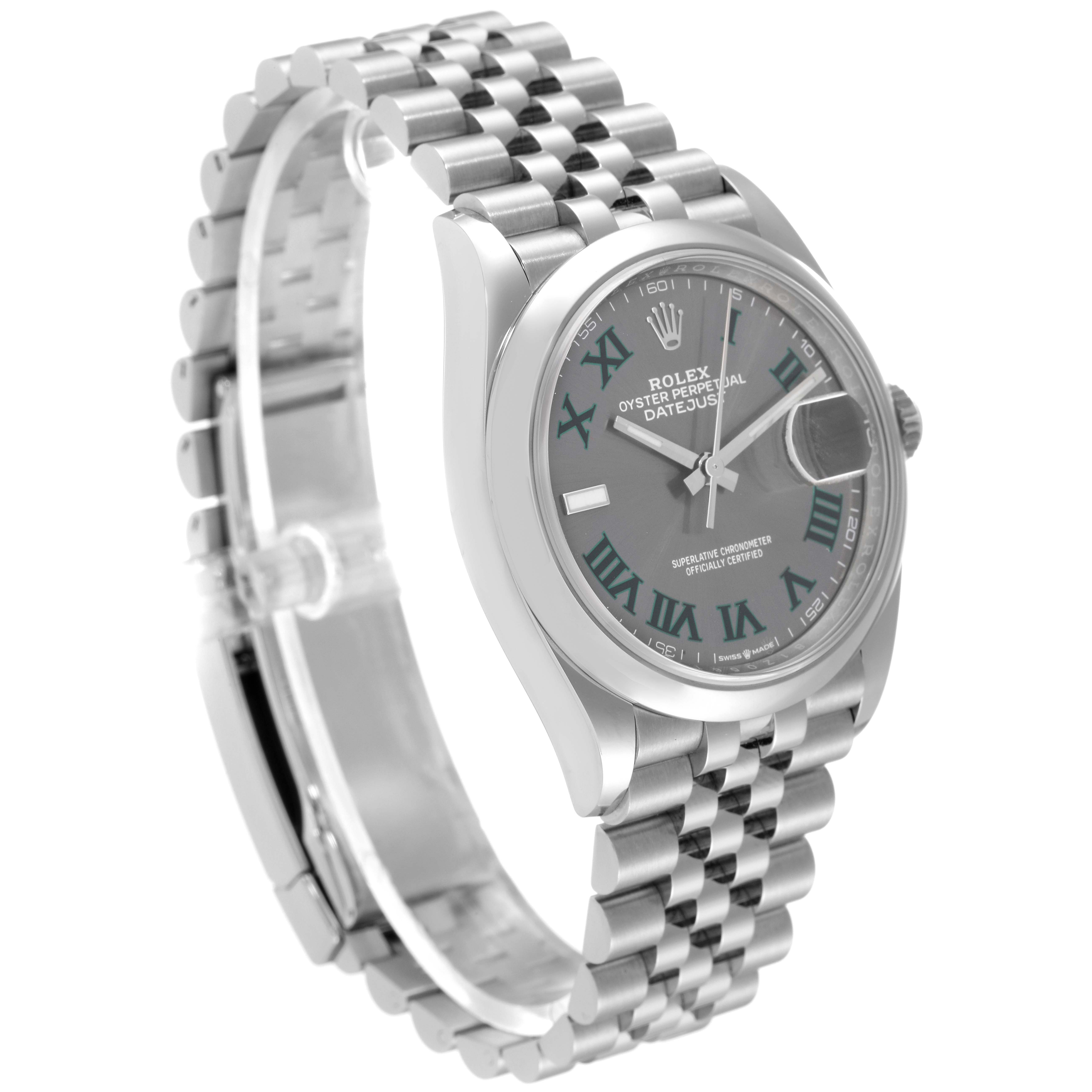 The image shows a side angle view of a Rolex Datejust 126200 Men's Stainless Steel Grey Dial 126200 Men's Stainless Steel Grey Dial watch, displaying its dial, bracelet, and case.