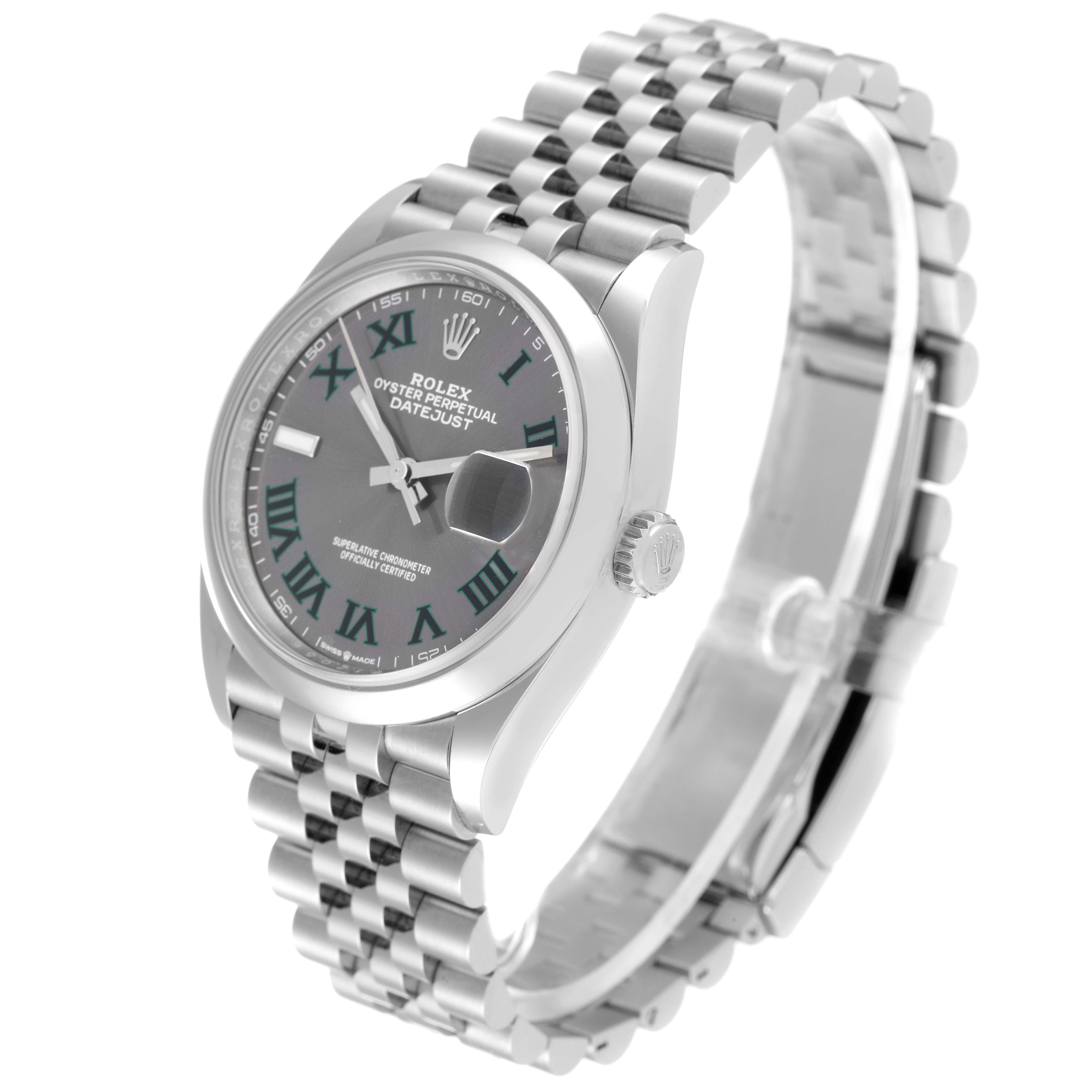 The image shows a Rolex Datejust 126200 Men's Stainless Steel Grey Dial 126200 Men's Stainless Steel Grey Dial watch at a tilted angle, displaying its face, bezel, crown, and Jubilee bracelet.