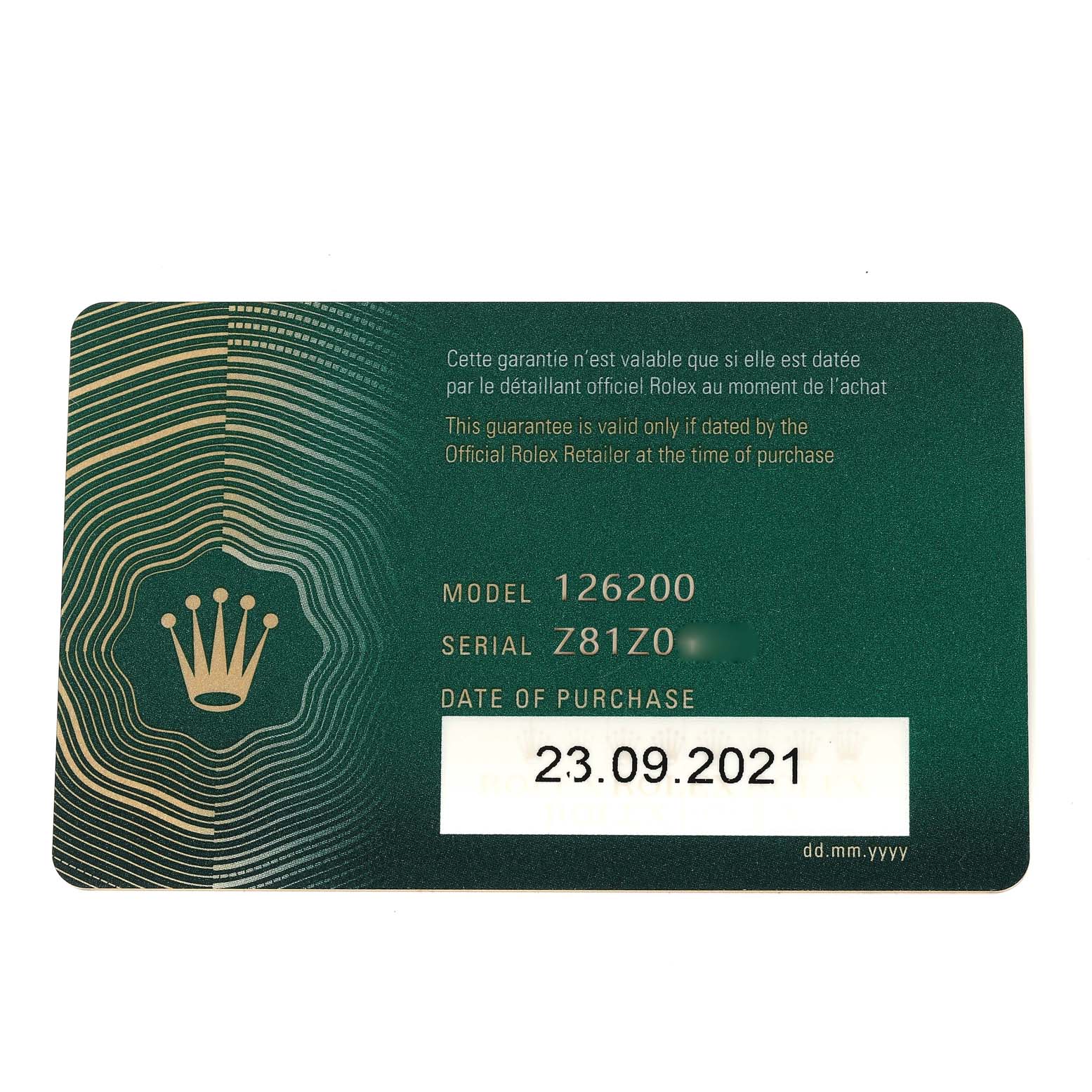 This image shows a warranty card for the Rolex Datejust 126200 Men's Stainless Steel Grey Dial 126200 Men's Stainless Steel Grey Dial model 126200 with a purchase date of September 23, 2021.