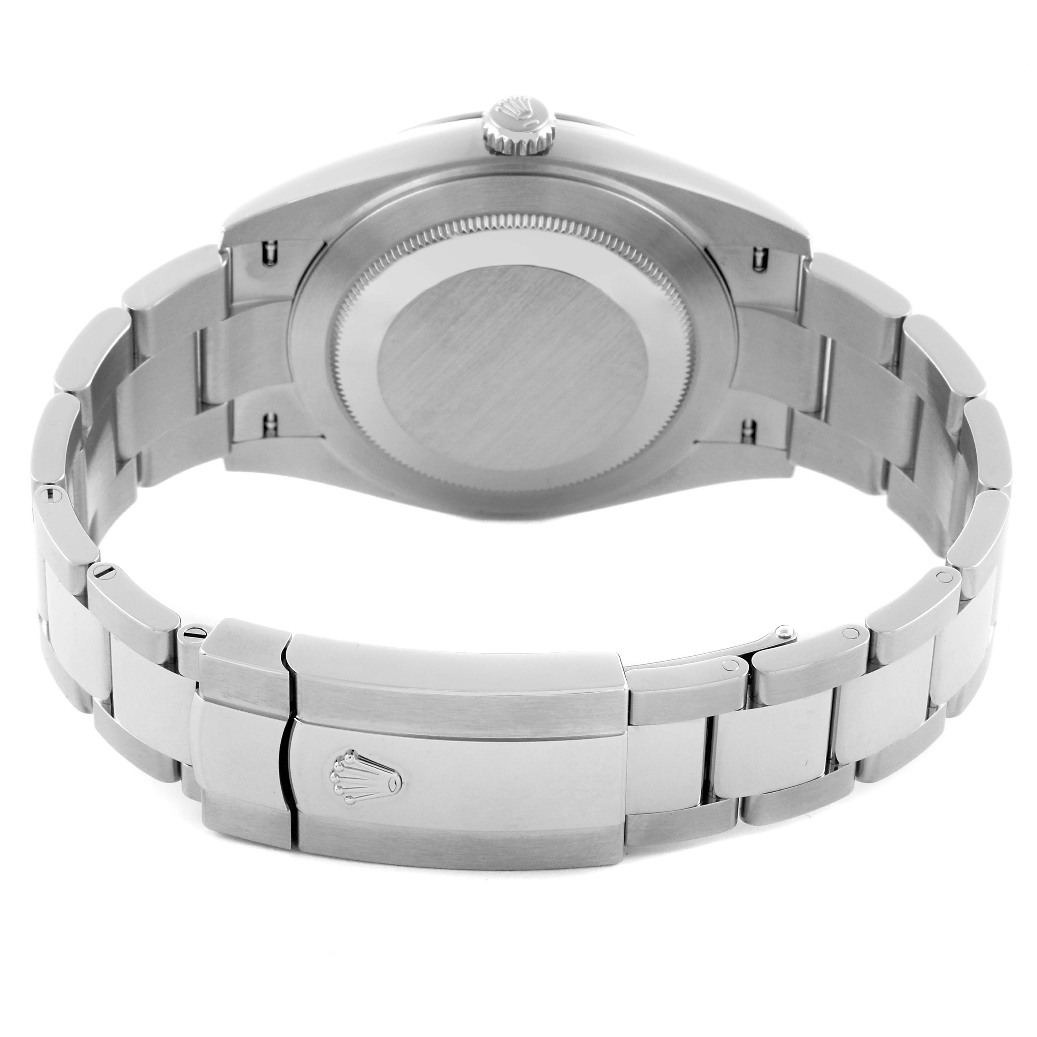 The Rolex Datejust 41 126300 Men's Stainless Steel White Dial 126300 Men's Stainless Steel White Dial is shown from the back, highlighting the clasp, case back, and part of the bracelet.