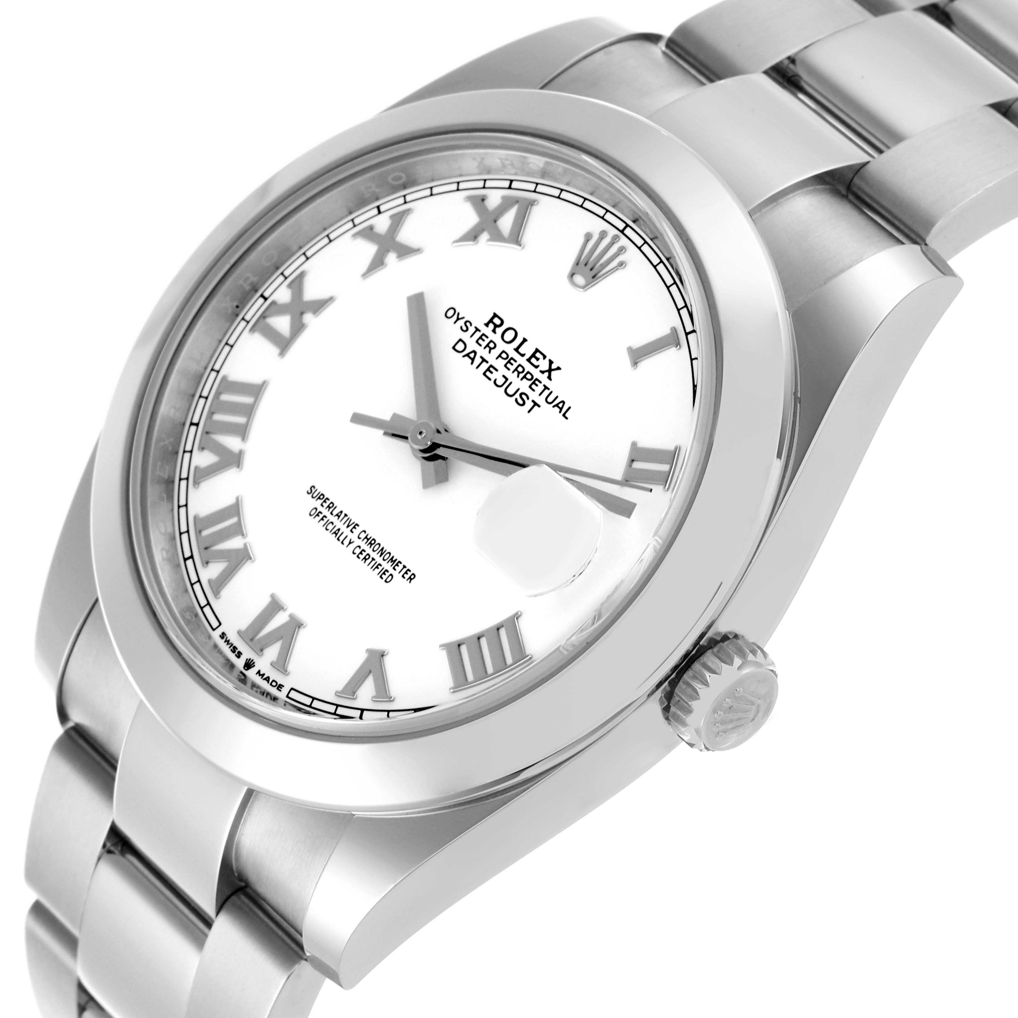The Rolex Datejust 41 126300 Men's Stainless Steel White Dial 126300 Men's Stainless Steel White Dial is shown at a slightly tilted angle, displaying the dial, crown, and part of the bracelet.