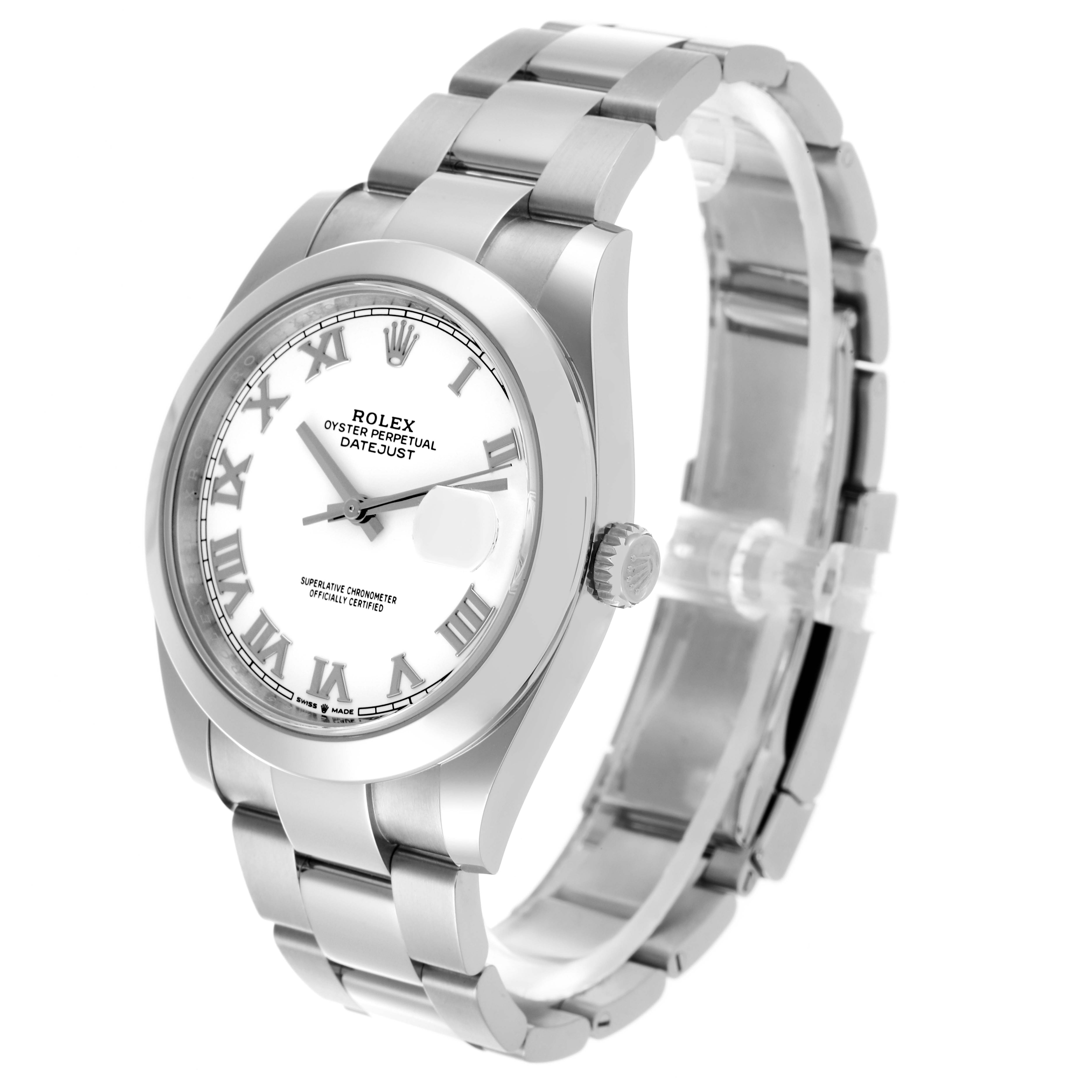 The Rolex Datejust 41 126300 Men's Stainless Steel White Dial 126300 Men's Stainless Steel White Dial is shown at a three-quarter angle, highlighting the watch face, bezel, and bracelet.