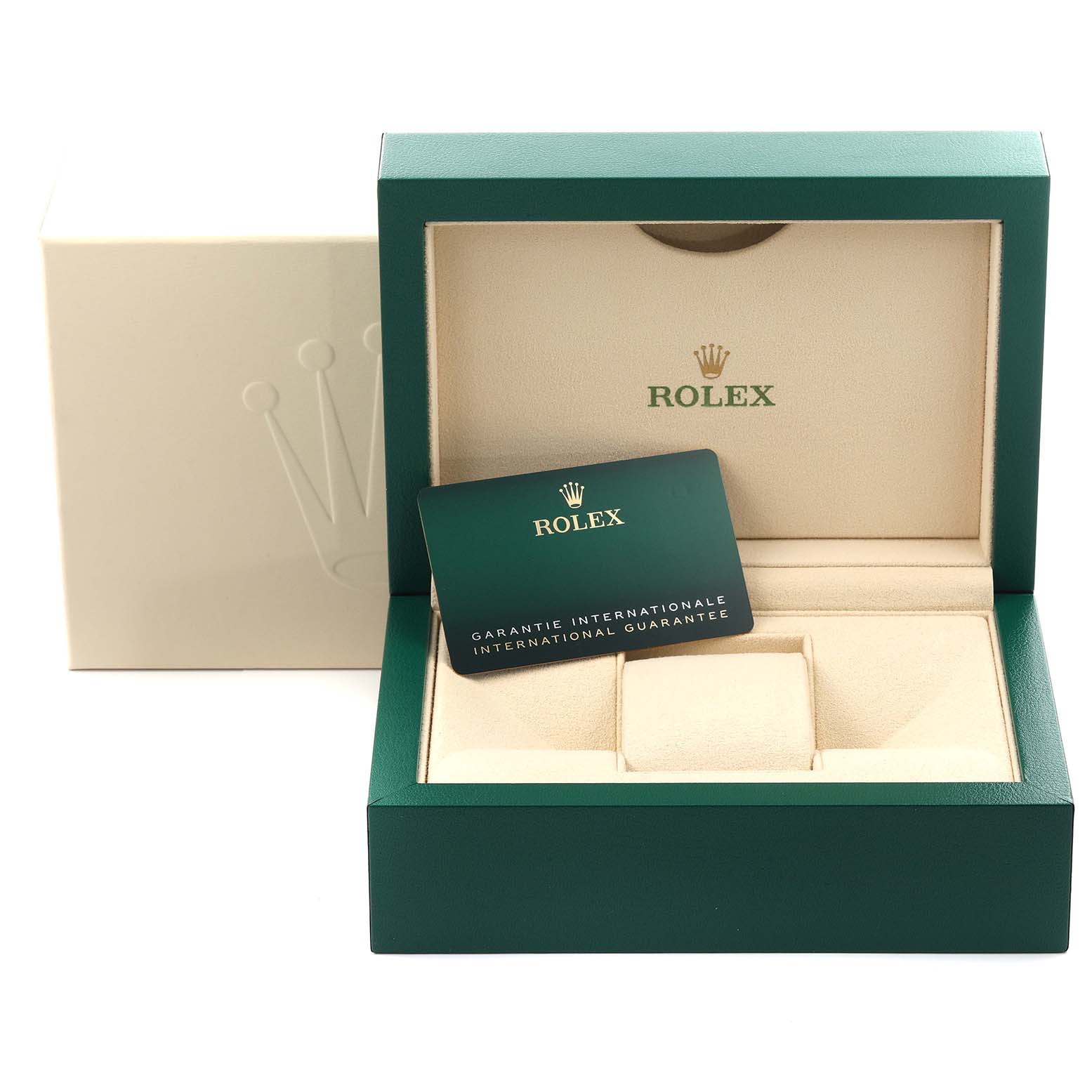 The image shows a Rolex Datejust 41 126300 Men's Stainless Steel White Dial 126300 Men's Stainless Steel White Dial box and a warranty card, viewed from the front.