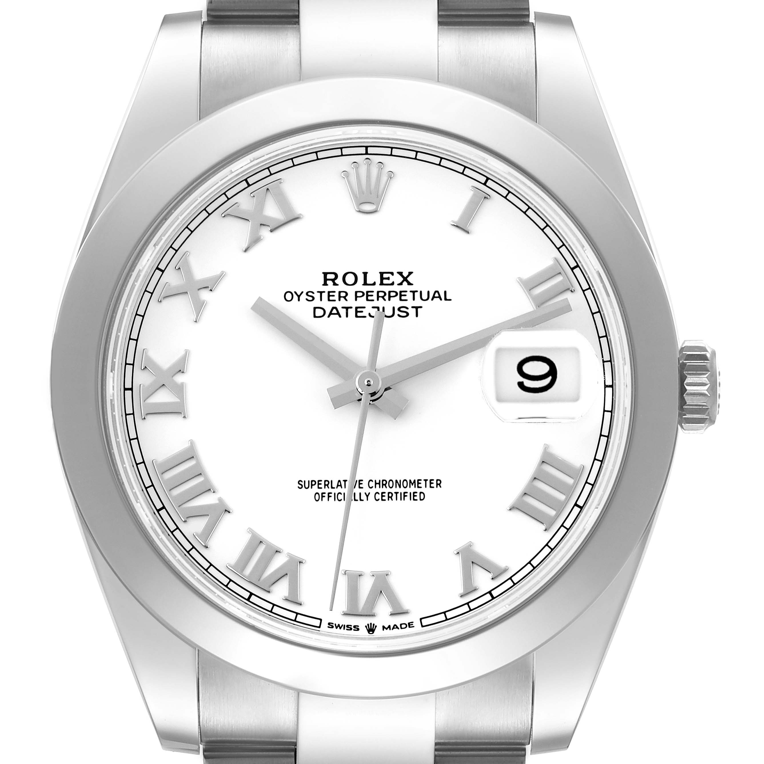 The image shows a front view of the Rolex Datejust 41 126300 Men's Stainless Steel White Dial 126300 Men's Stainless Steel White Dial watch, highlighting the dial, bezel, and crown.