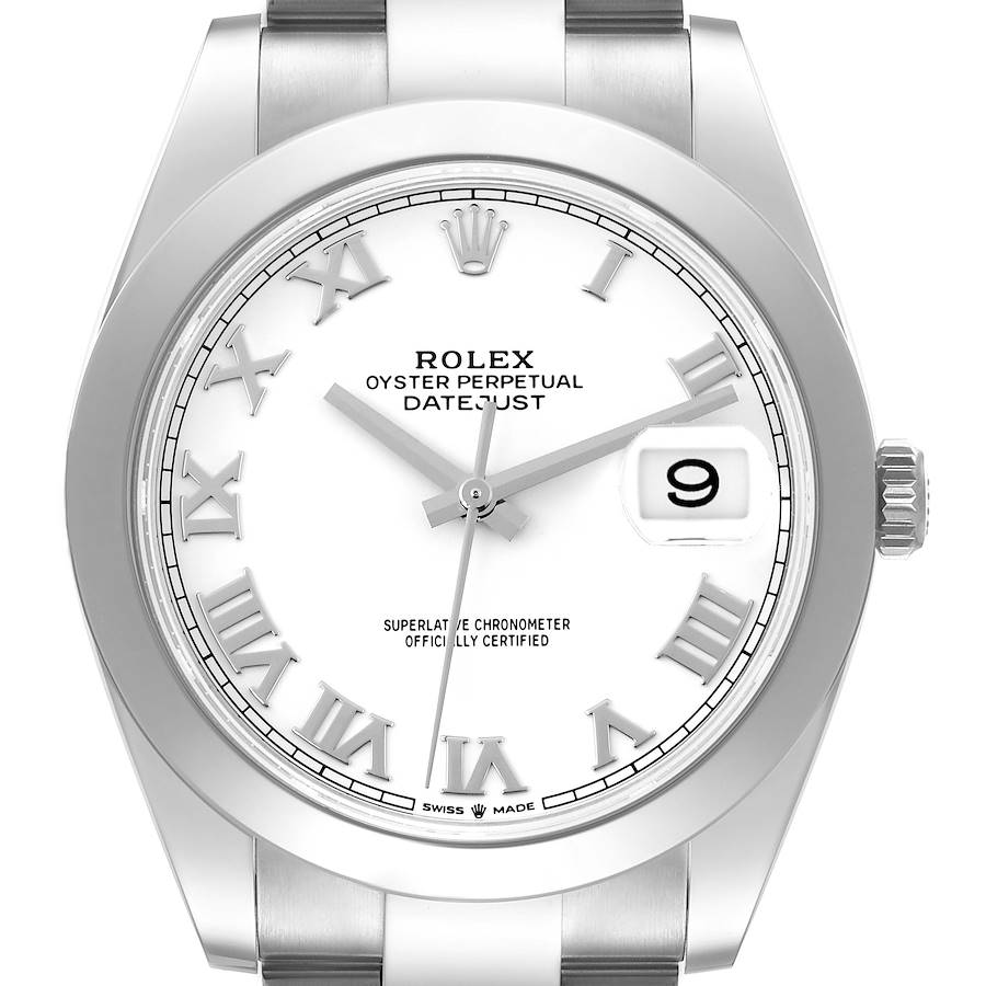 The image shows a front view of the Rolex Datejust 41 watch, highlighting the dial, bezel, and crown.