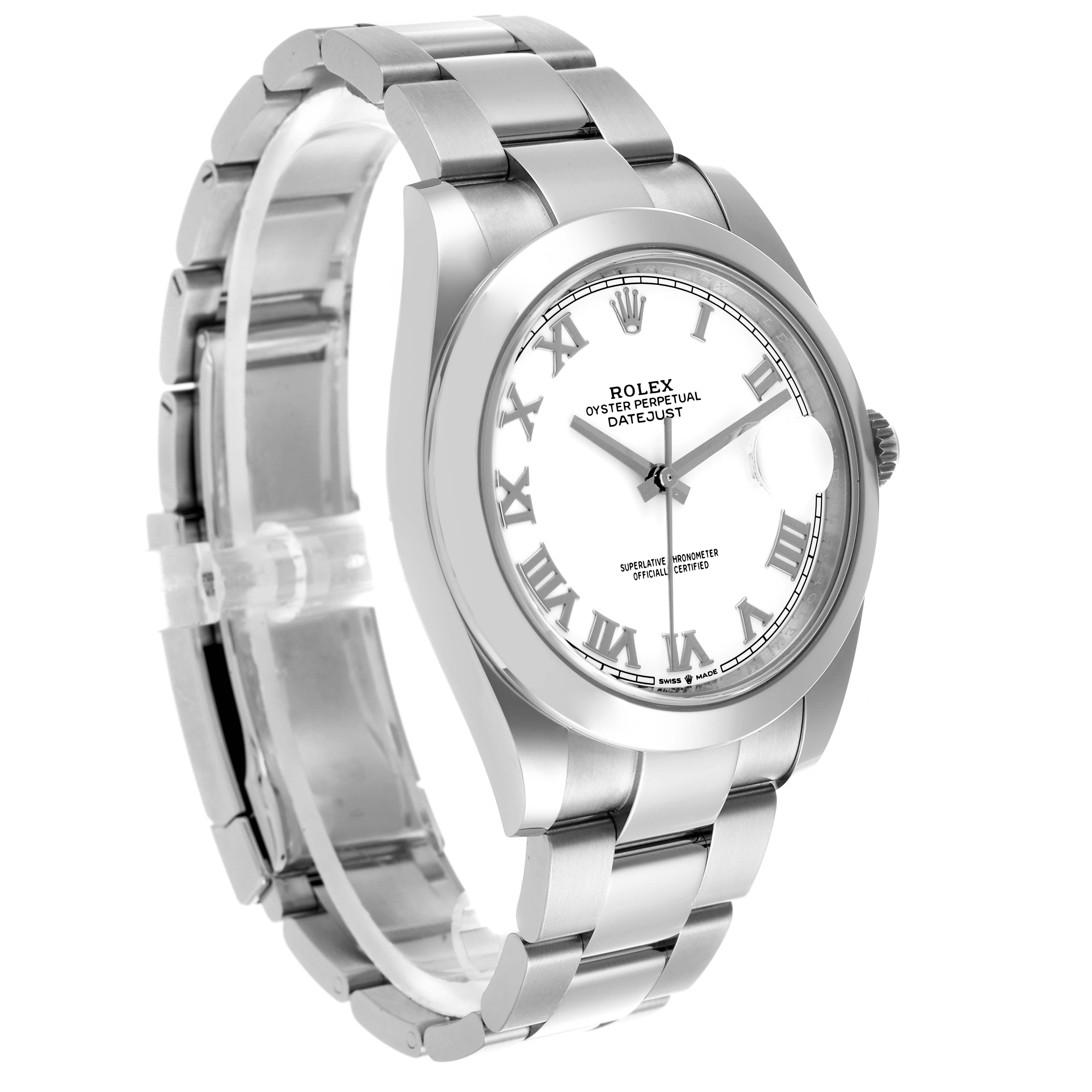 The Rolex Datejust 41 126300 Men's Stainless Steel White Dial 126300 Men's Stainless Steel White Dial is shown from an angled side view, displaying the face, bezel, and bracelet.