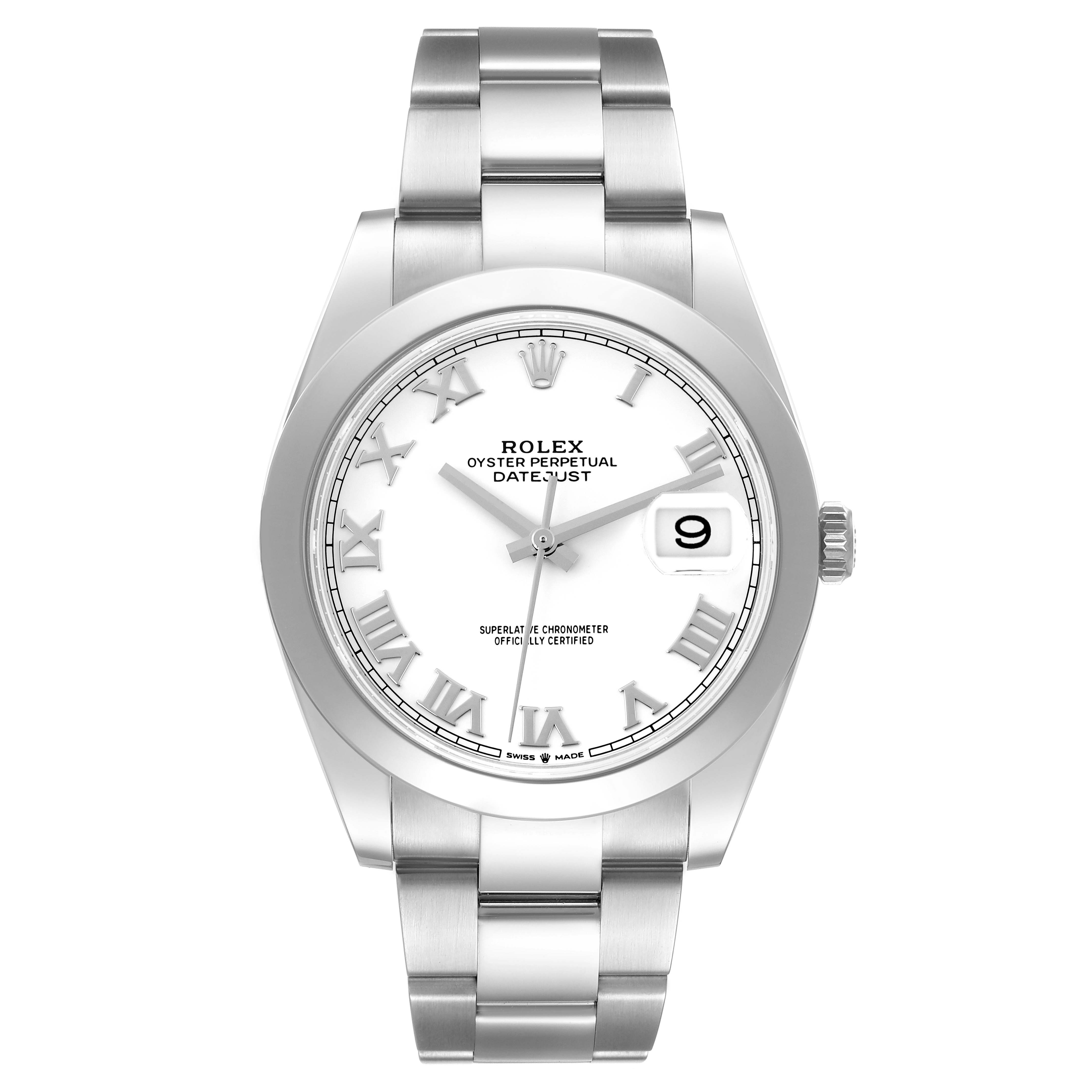 The image shows a front view of the Rolex Datejust 41 126300 Men's Stainless Steel White Dial 126300 Men's Stainless Steel White Dial watch, displaying its dial, bezel, bracelet, and crown.