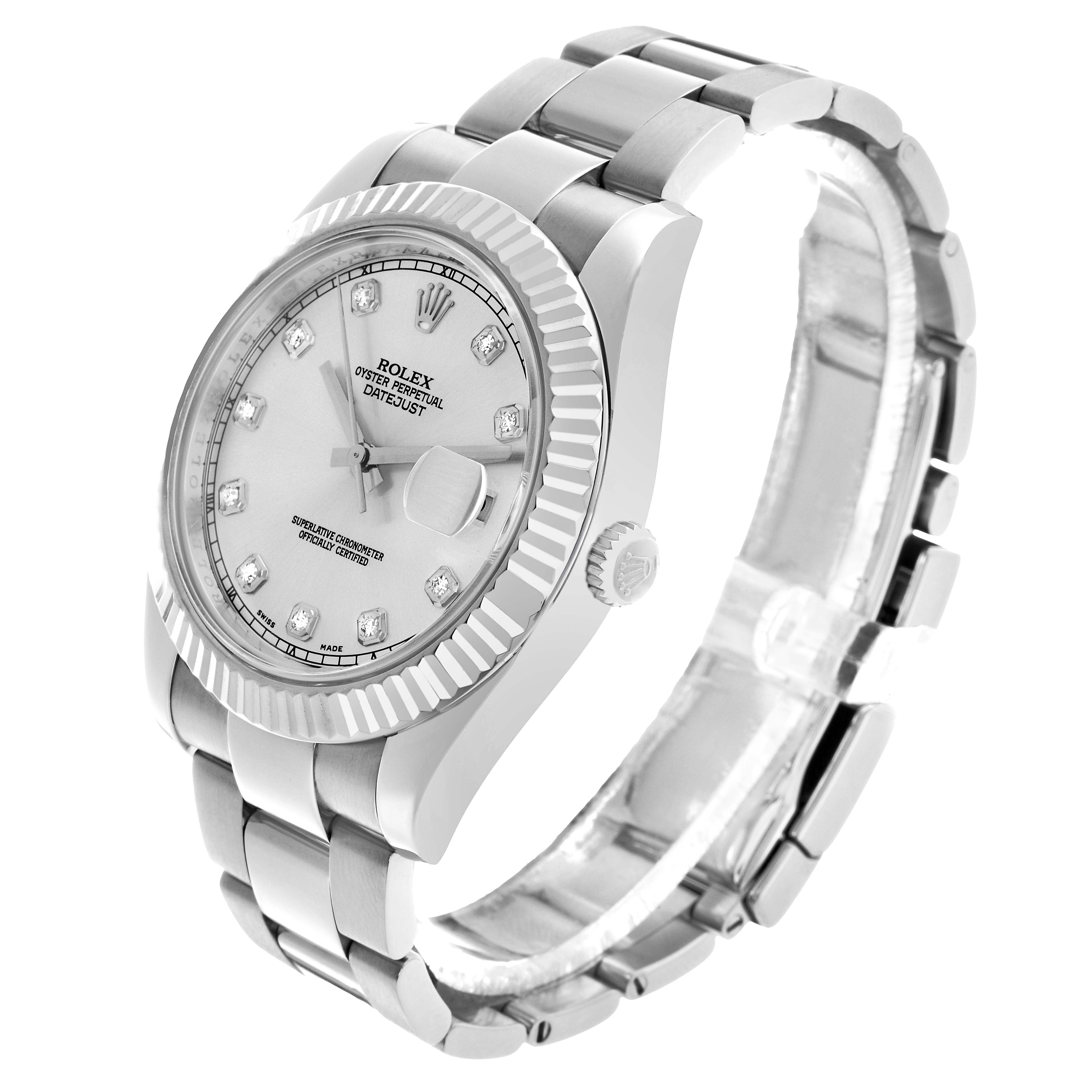The Rolex Datejust 41 116334 Men's Stainless Steel Silver Dial is shown from an angled front view, displaying the dial, bezel, bracelet, and crown.