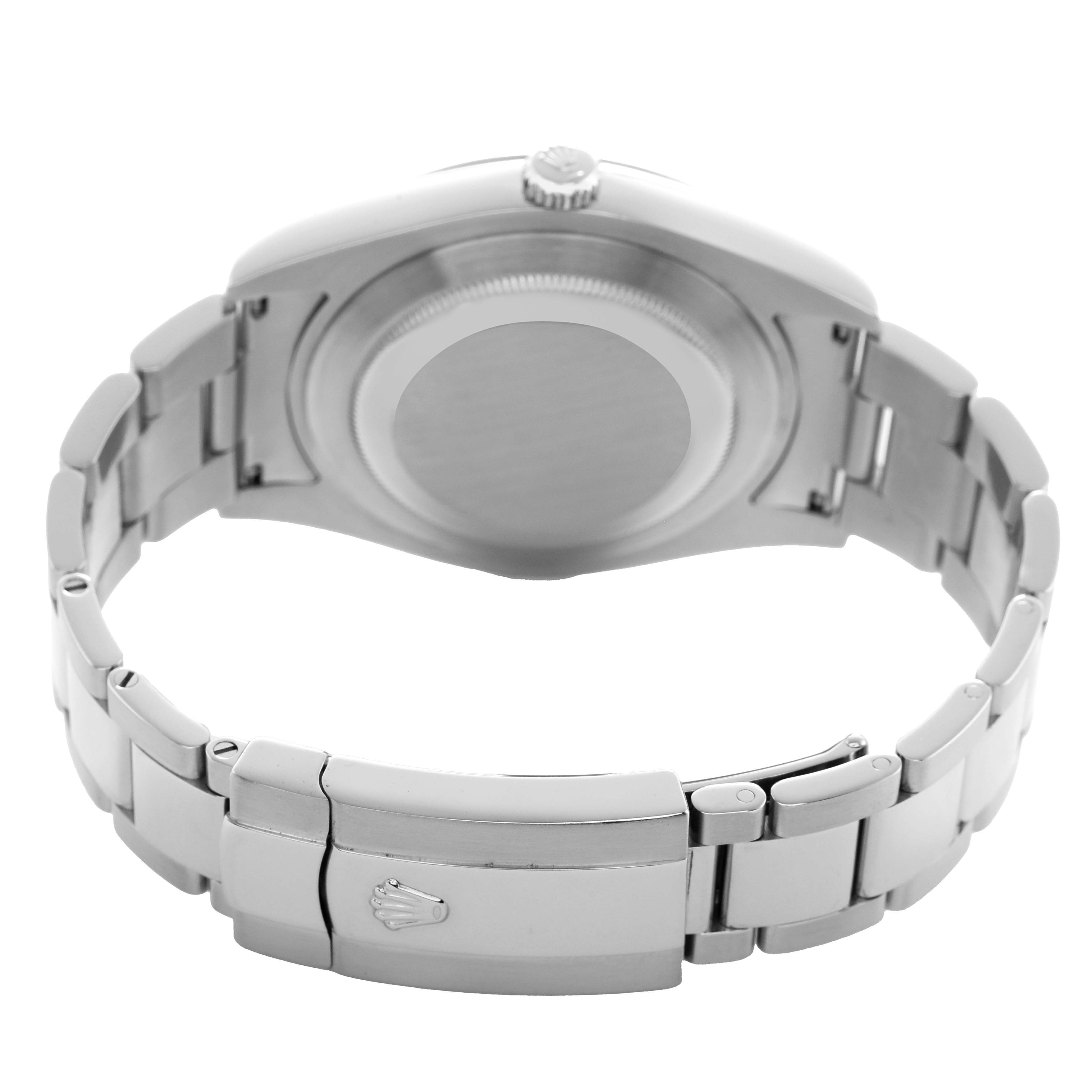The image shows the back of a Rolex Datejust 41 116334 Men's Stainless Steel Silver Dial, highlighting its clasp and bracelet from a rear angle.