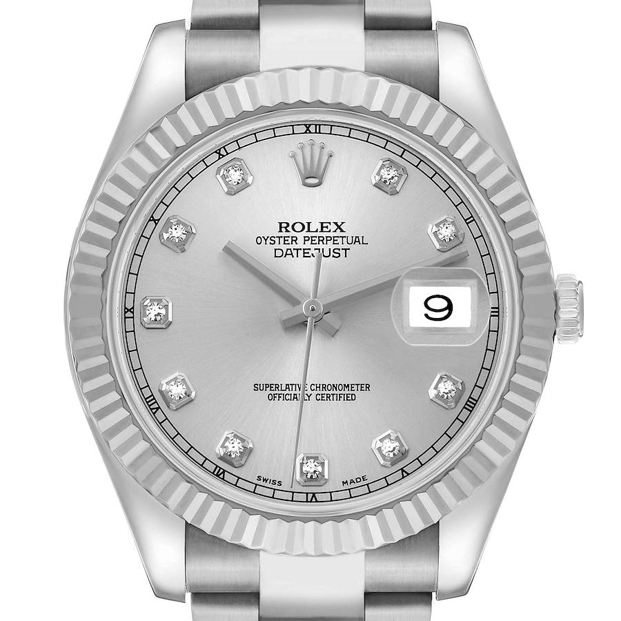 The Rolex Datejust 41 116334 Men's Stainless Steel Silver Dial is shown from a frontal angle, highlighting the dial, bezel, crown, and part of the bracelet.