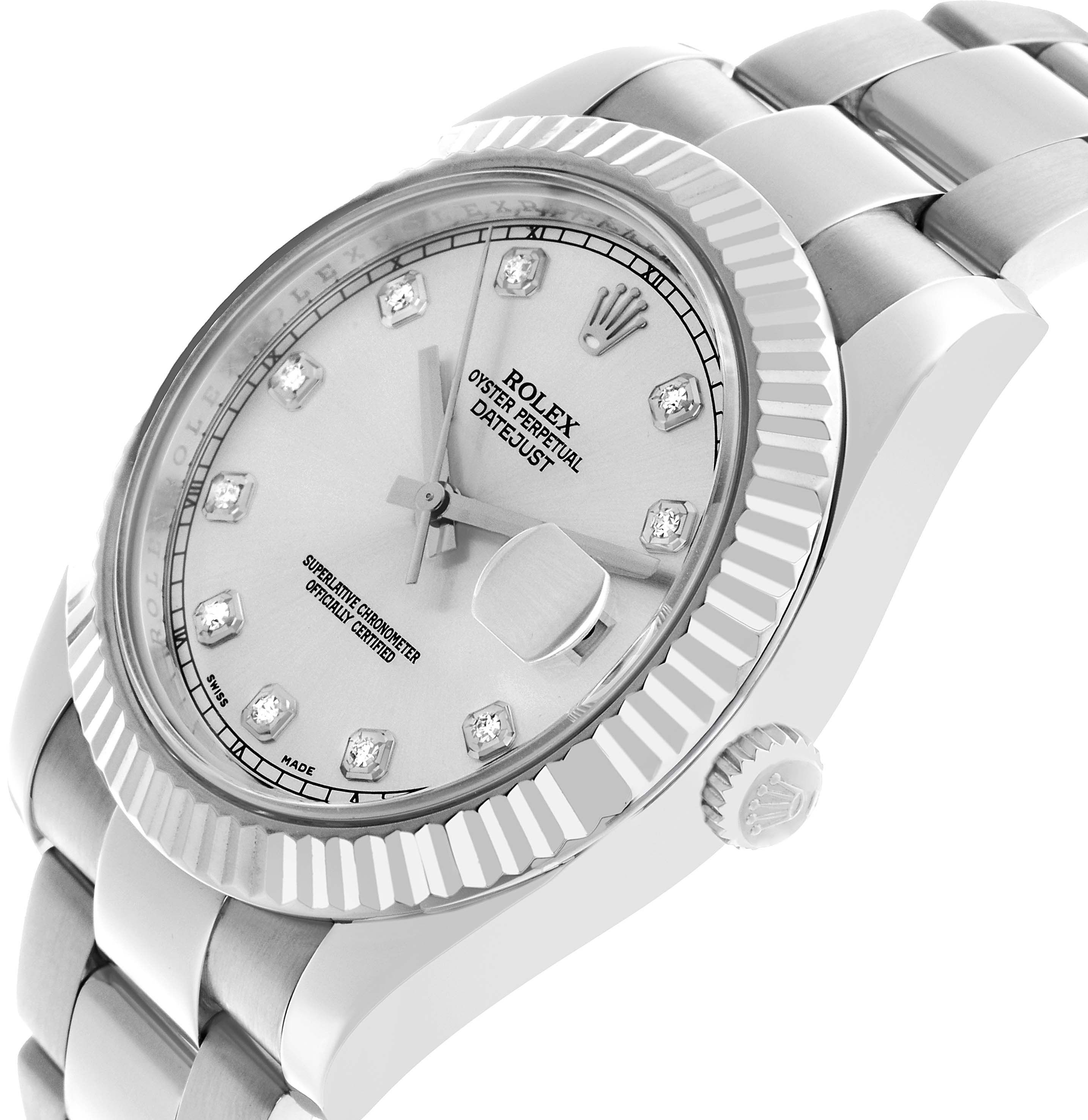 The Rolex Datejust 41 116334 Men's Stainless Steel Silver Dial is shown at a three-quarter angle, highlighting the bezel, dial, crown, and part of the bracelet.