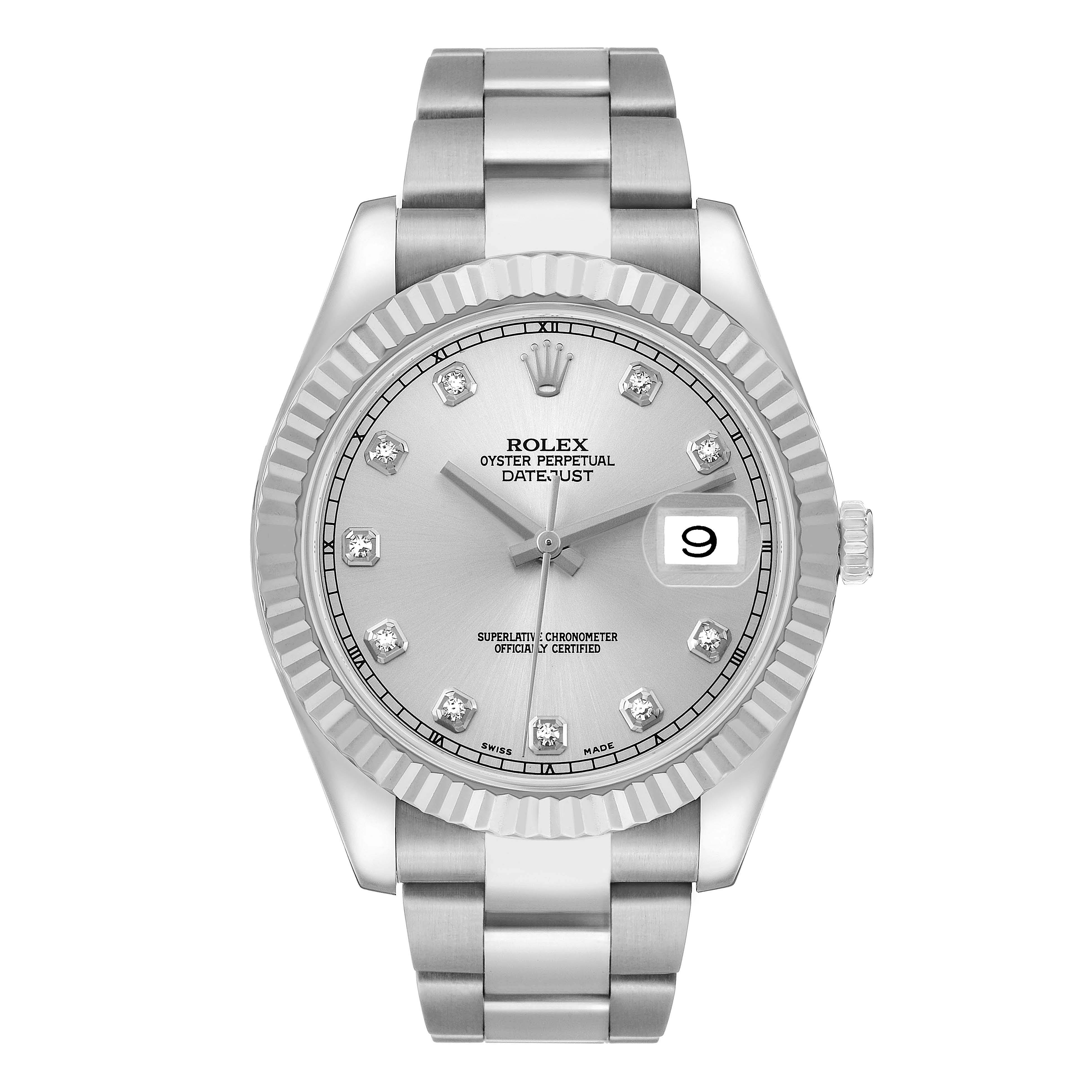 The Rolex Datejust 41 116334 Men's Stainless Steel Silver Dial is shown from a front angle, highlighting the silver dial, fluted bezel, and bracelet.
