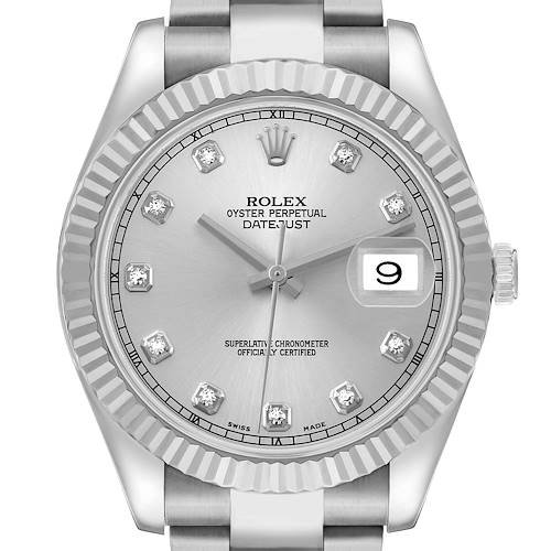 The Rolex Datejust 41 116334 Men's Stainless Steel Silver Dial is shown from a front angle, highlighting the fluted bezel, dial with diamond hour markers, and date window.