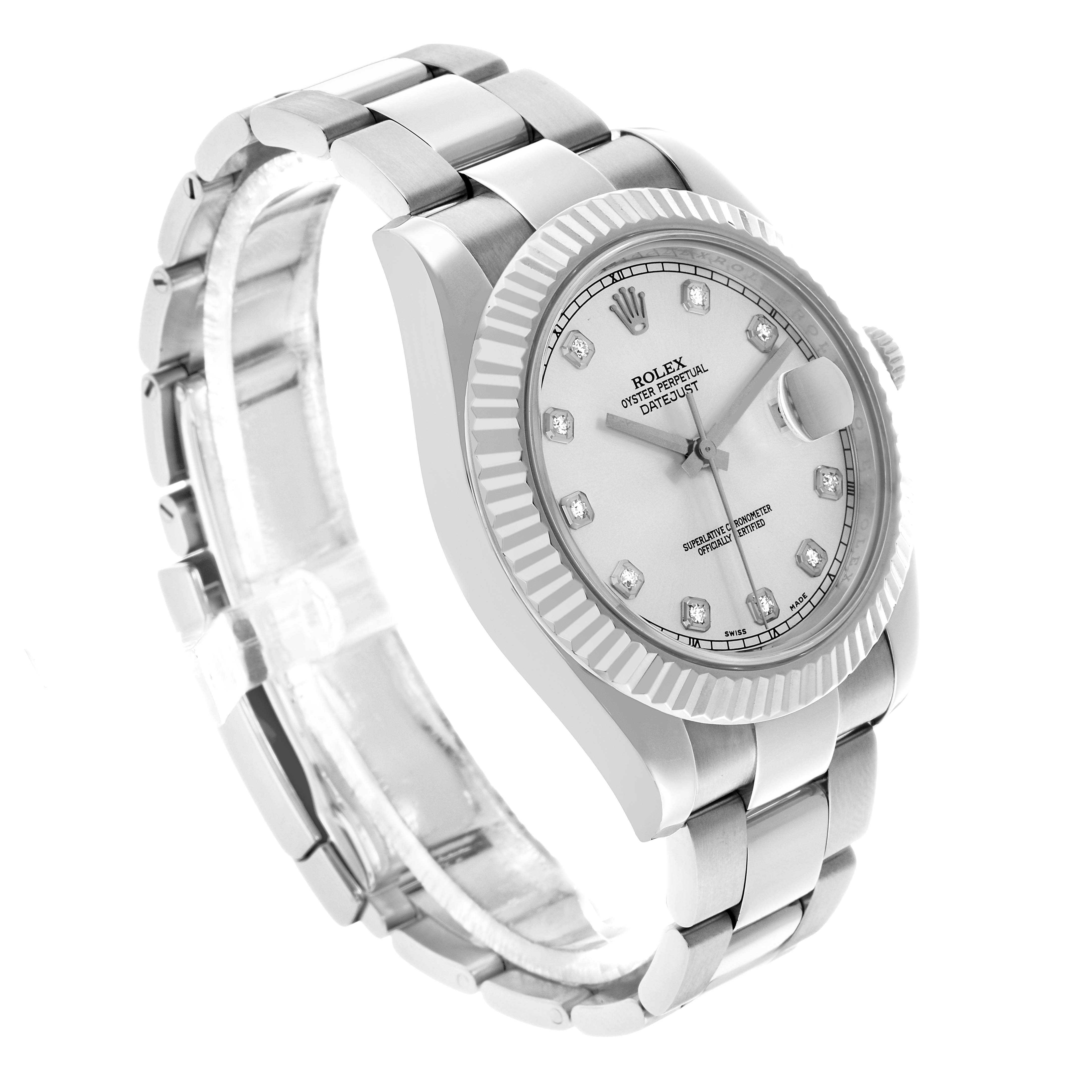 The Rolex Datejust 41 116334 Men's Stainless Steel Silver Dial is shown at a three-quarter angle, highlighting the dial, bezel, and bracelet.