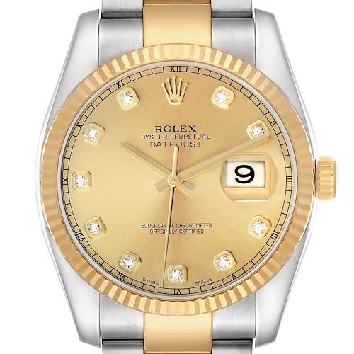 The Rolex Datejust 41 116333 Men's Steel and Gold (two tone) Champagne Dial watch is shown from a front view, highlighting the gold dial, diamond hour markers, and fluted bezel.