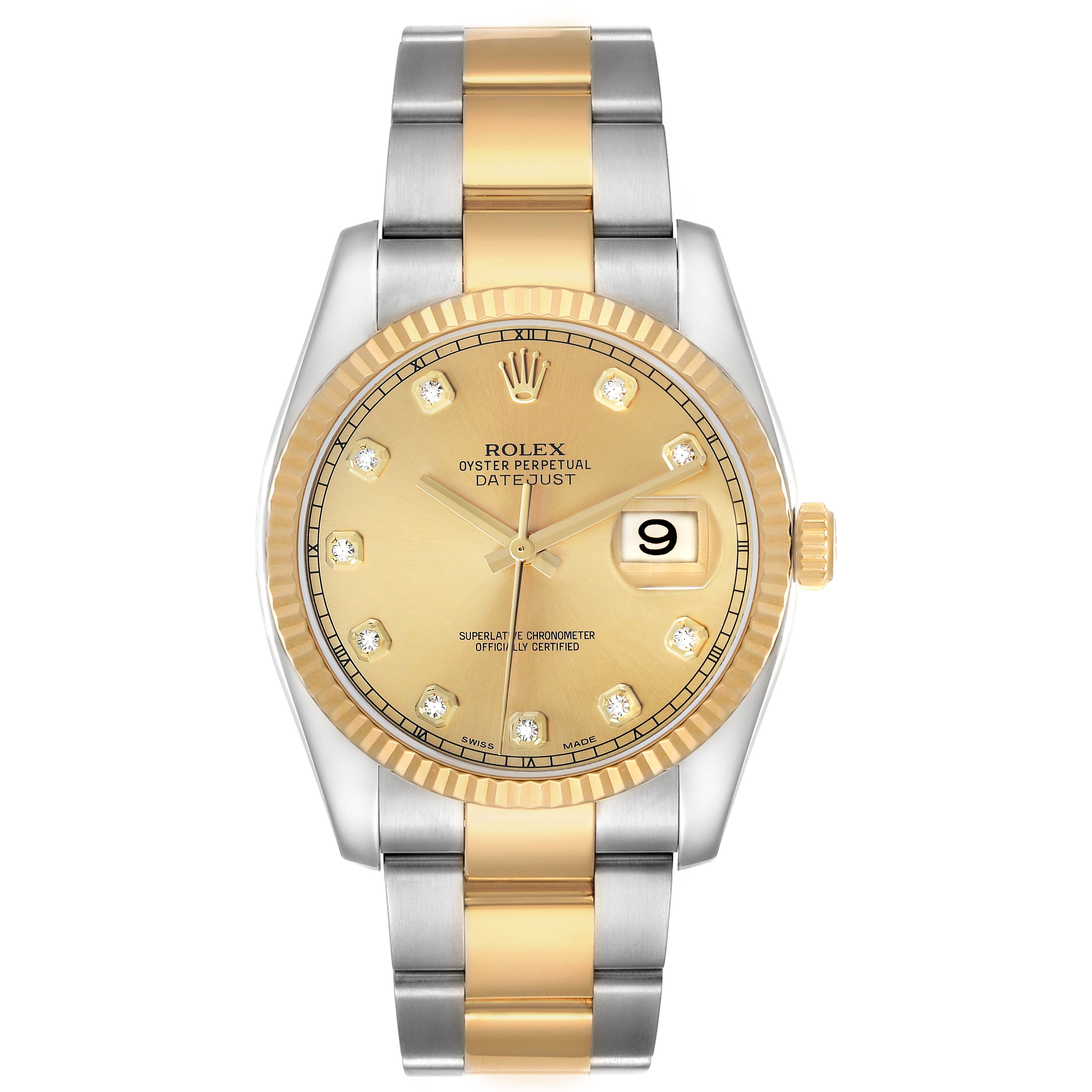 The Rolex Datejust 41 116333 Men's Steel and Gold (two tone) Champagne Dial is shown from a front angle, displaying the gold dial, fluted bezel, and two-tone bracelet.