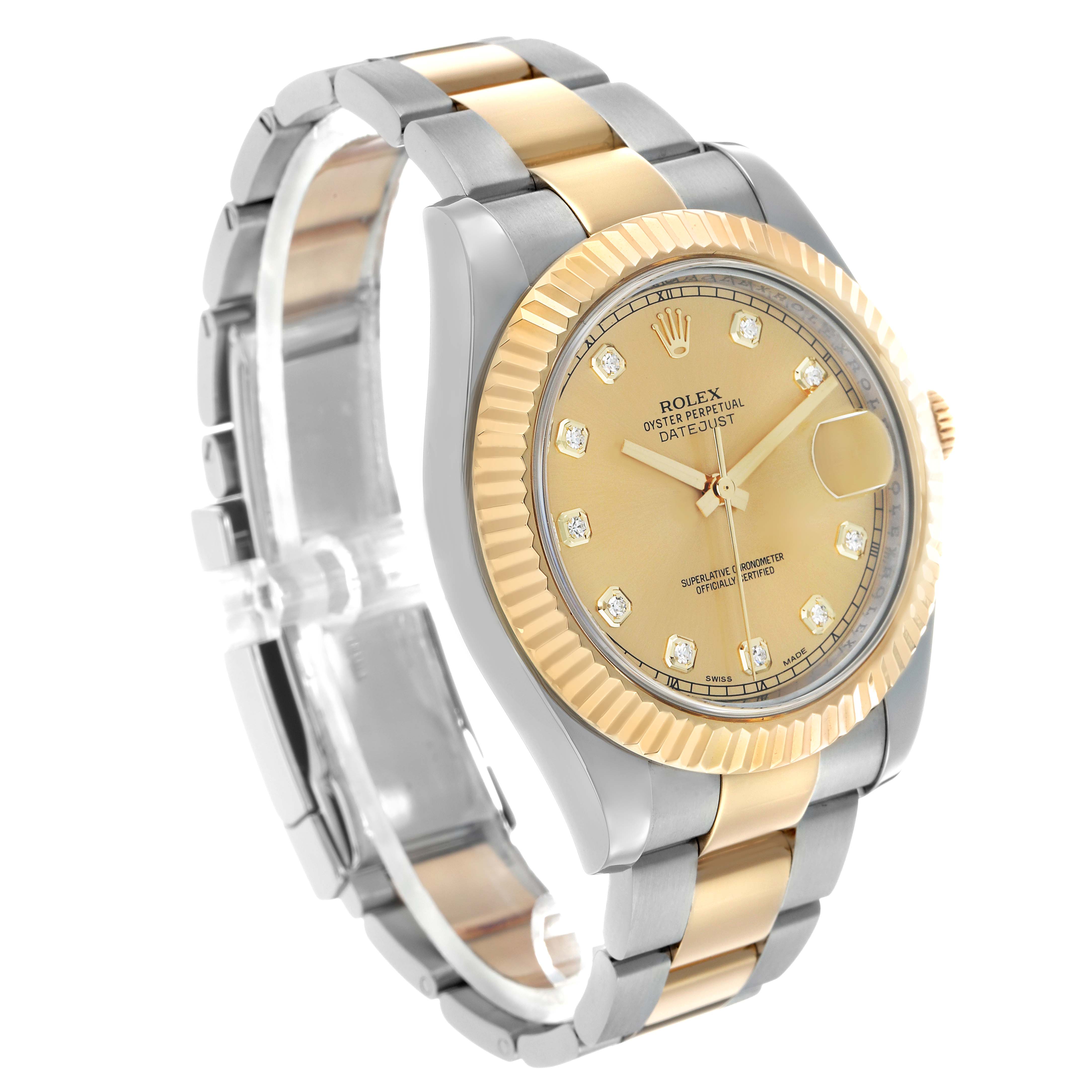The Rolex Datejust 41 116333 Men's Steel and Gold (two tone) Champagne Dial watch is shown at an angle displaying the full face, fluted bezel, and part of the two-tone bracelet.