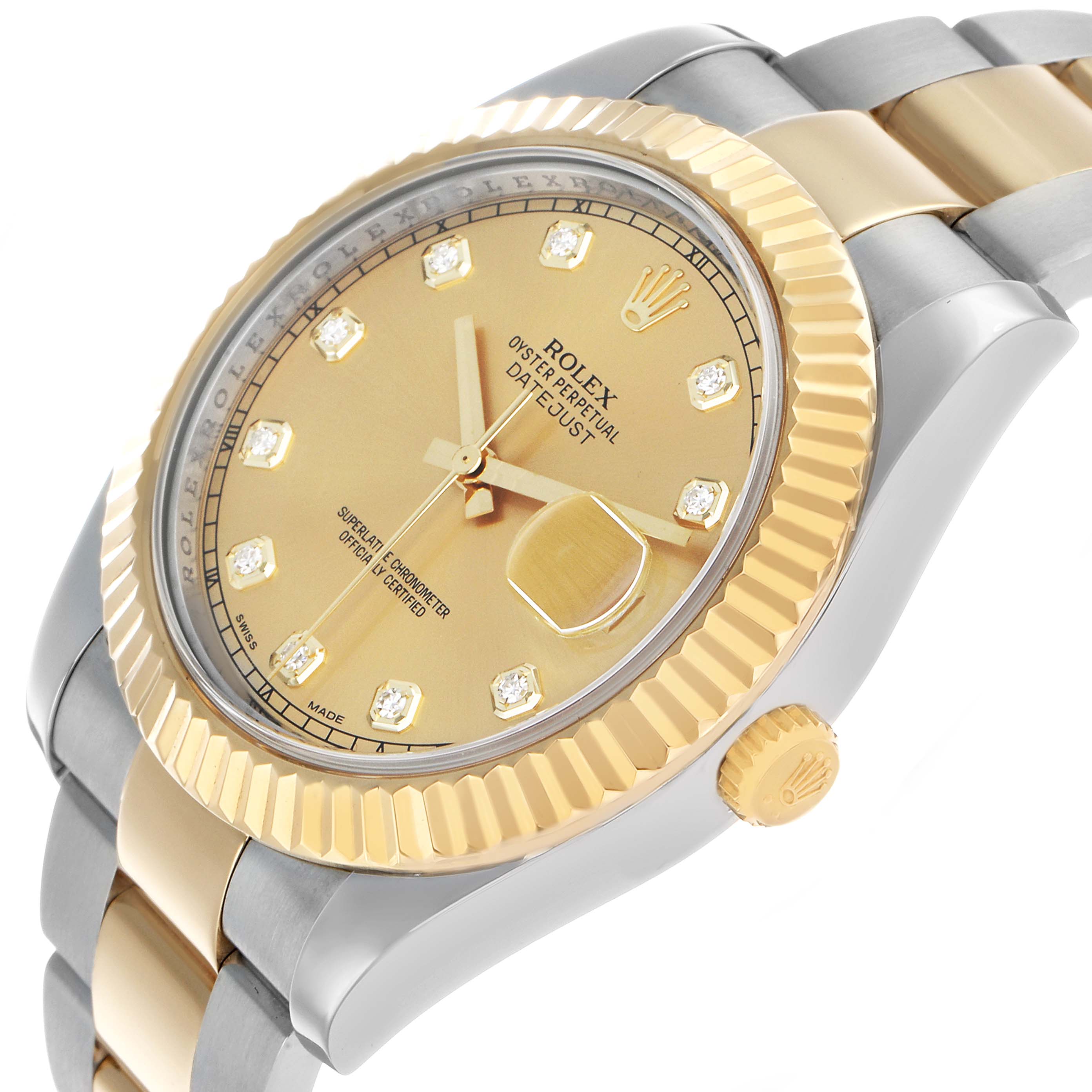 The Rolex Datejust 41 116333 Men's Steel and Gold (two tone) Champagne Dial watch is shown from a side angle highlighting the dial, fluted bezel, and two-tone bracelet.