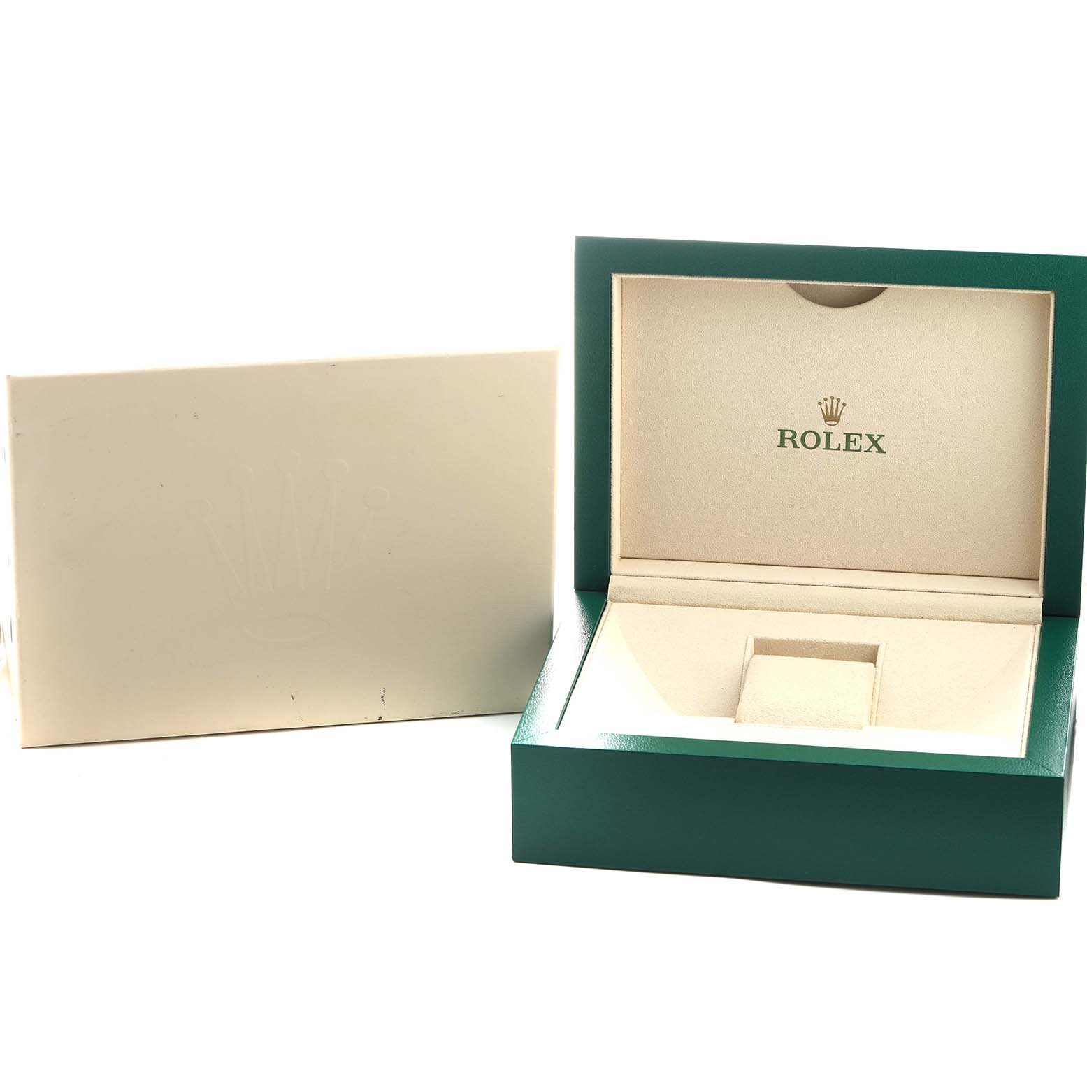 The image shows an open green Rolex box and an outer box for the Datejust 41 model, displaying the storage area for the watch.