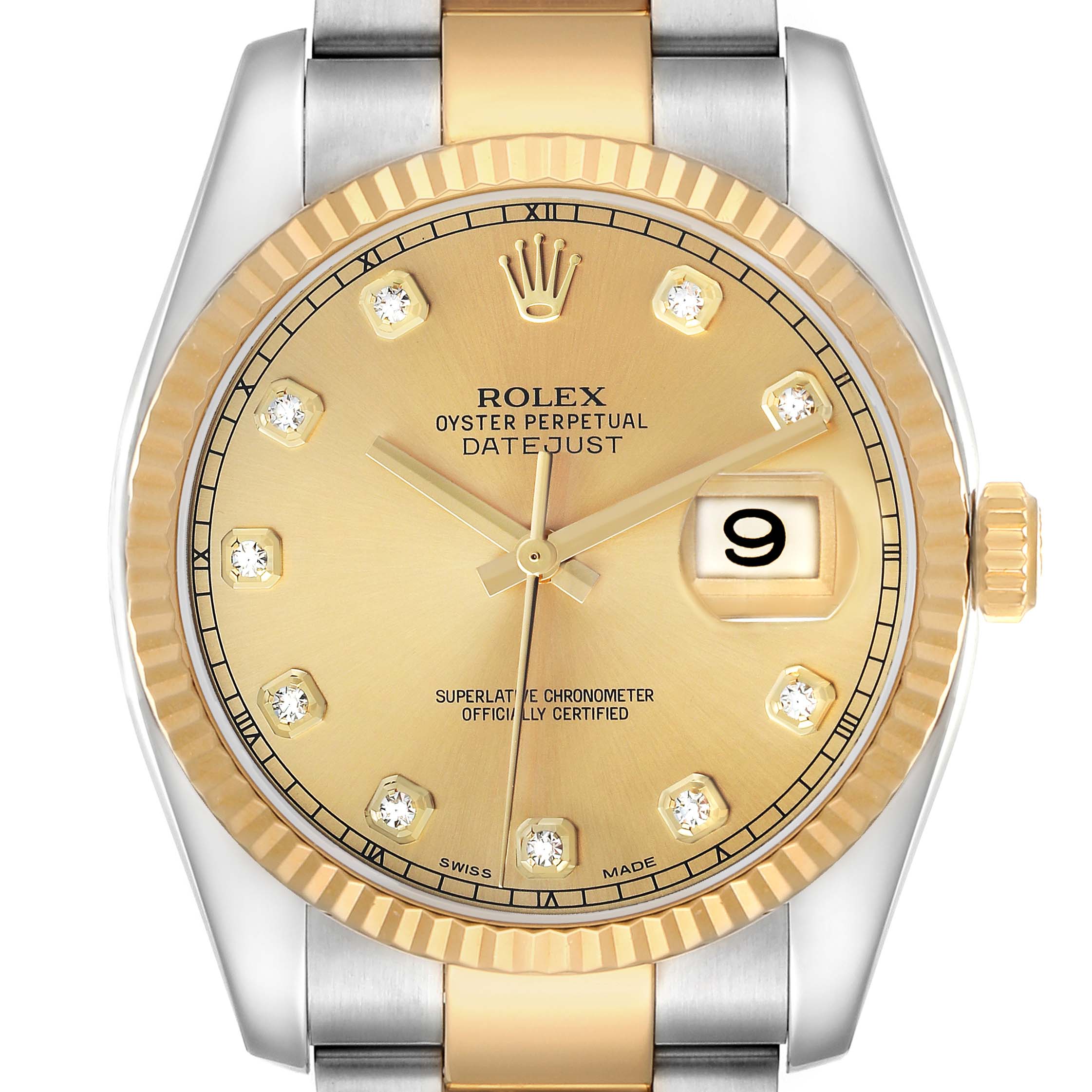 The Rolex Datejust 41 116333 Men's Steel and Gold (two tone) Champagne Dial watch is shown from a frontal angle, highlighting its bezel, dial, hands, and date magnifier.