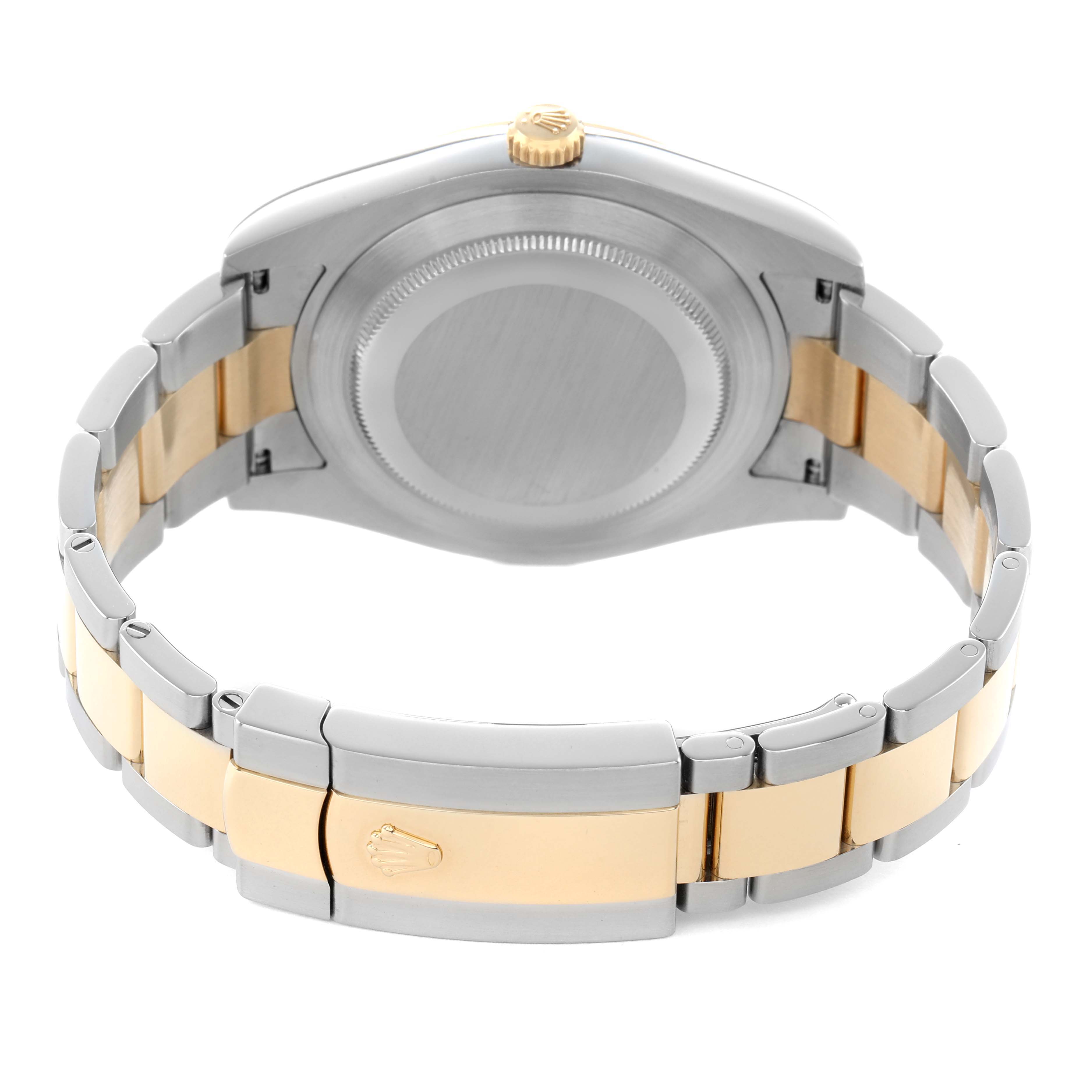 The image shows the back view of a Rolex Datejust 41 116333 Men's Steel and Gold (two tone) Champagne Dial, highlighting the case back, crown, and two-tone bracelet clasp.