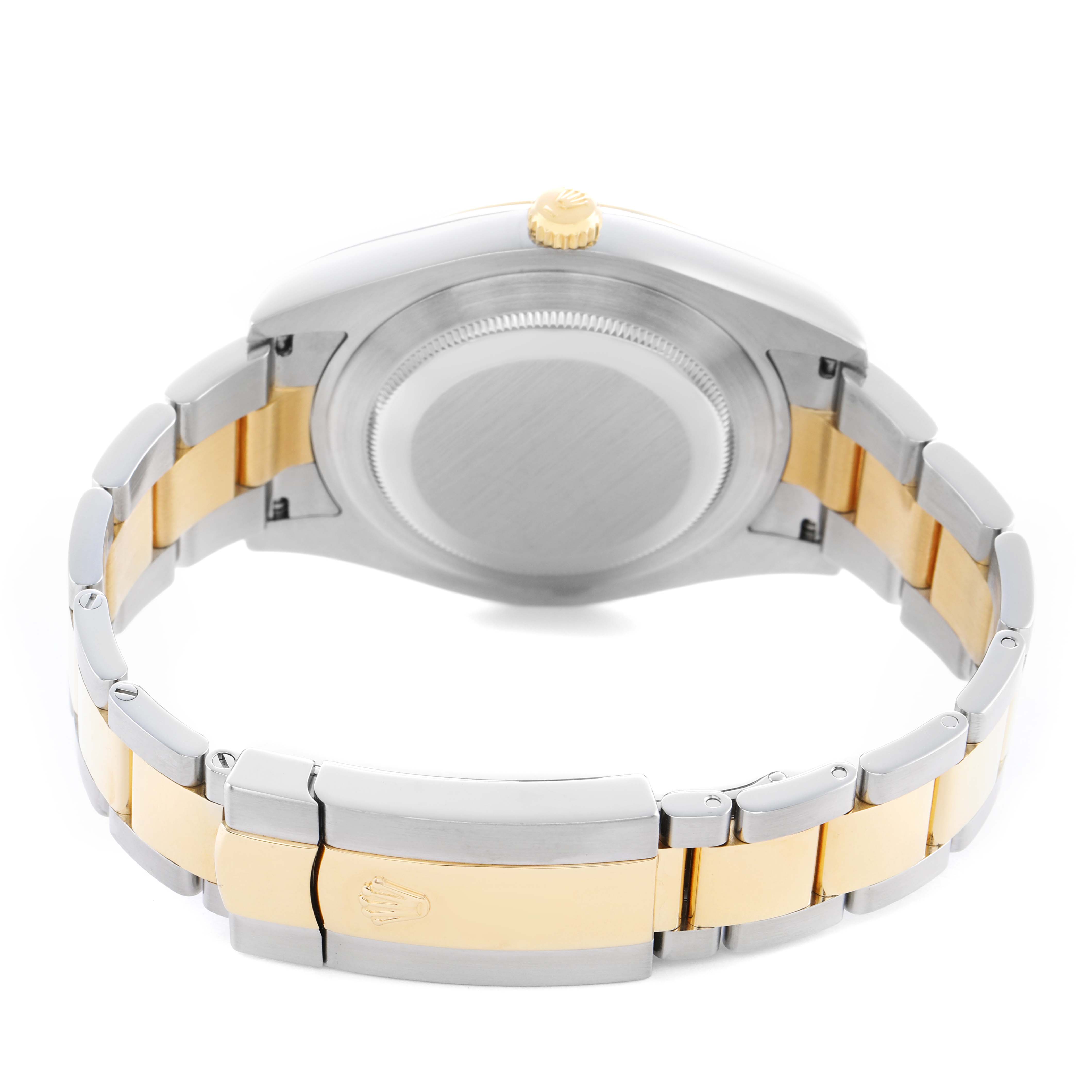 The Rolex Datejust 41 116333 Men's Steel and Gold (two tone) Silver Dial is shown from the back, highlighting the case back, crown, and two-tone bracelet.
