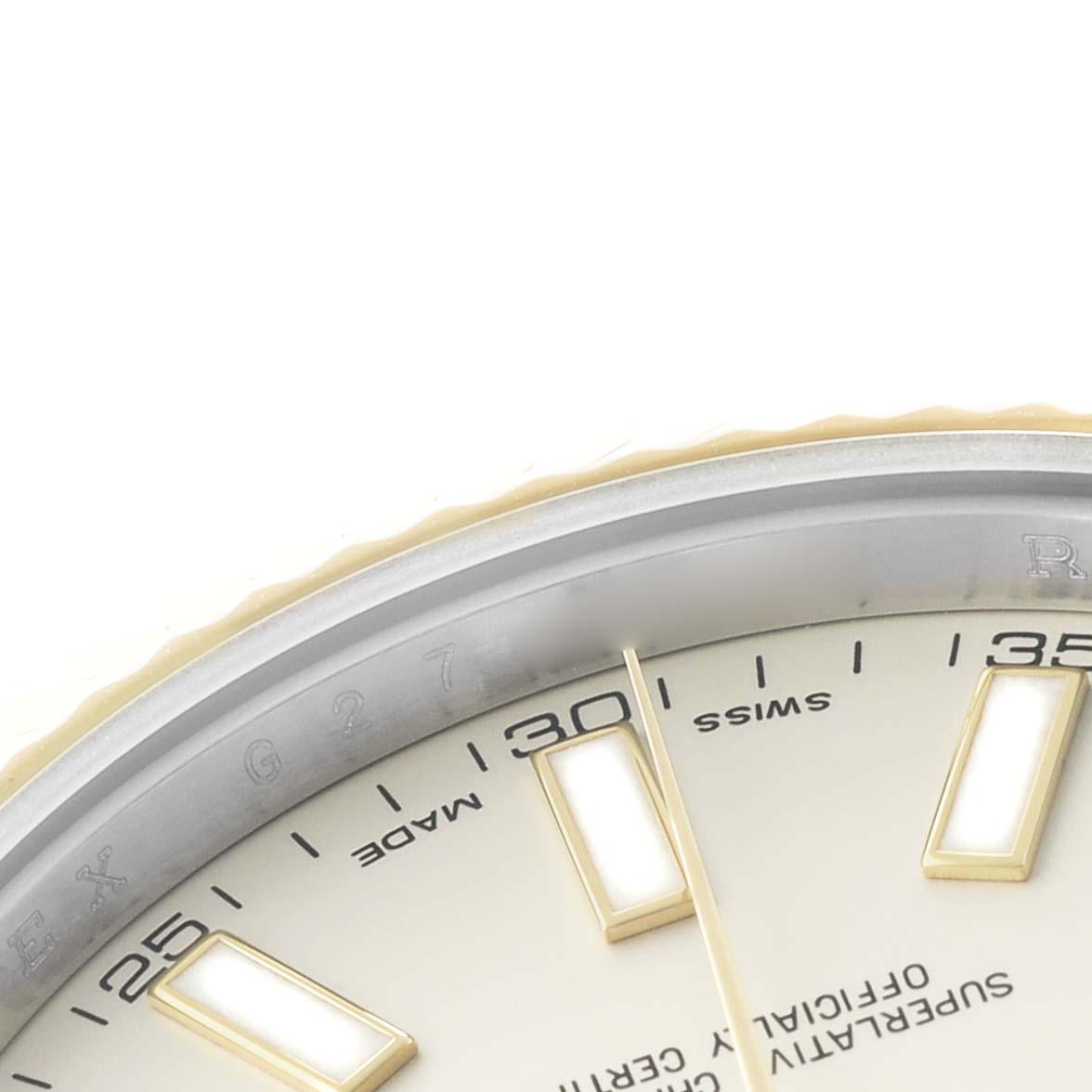 The image shows a close-up of the dial and bezel of a Rolex Datejust 41 116333 Men's Steel and Gold (two tone) Silver Dial, highlighting the hour markers and part of the second hand.