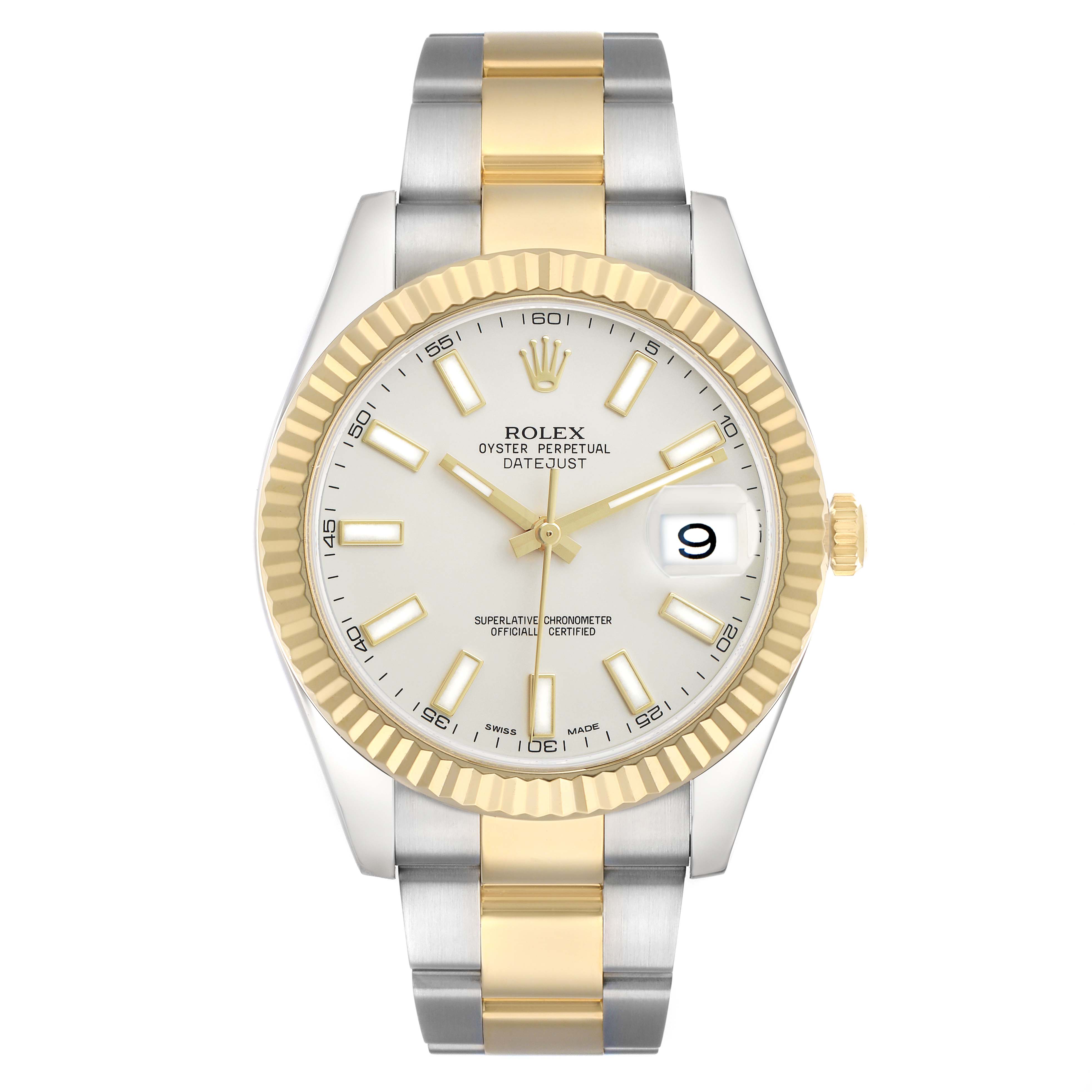 The Rolex Datejust 41 116333 Men's Steel and Gold (two tone) Silver Dial watch is shown from a frontal angle, highlighting the dial, fluted bezel, and two-tone bracelet.