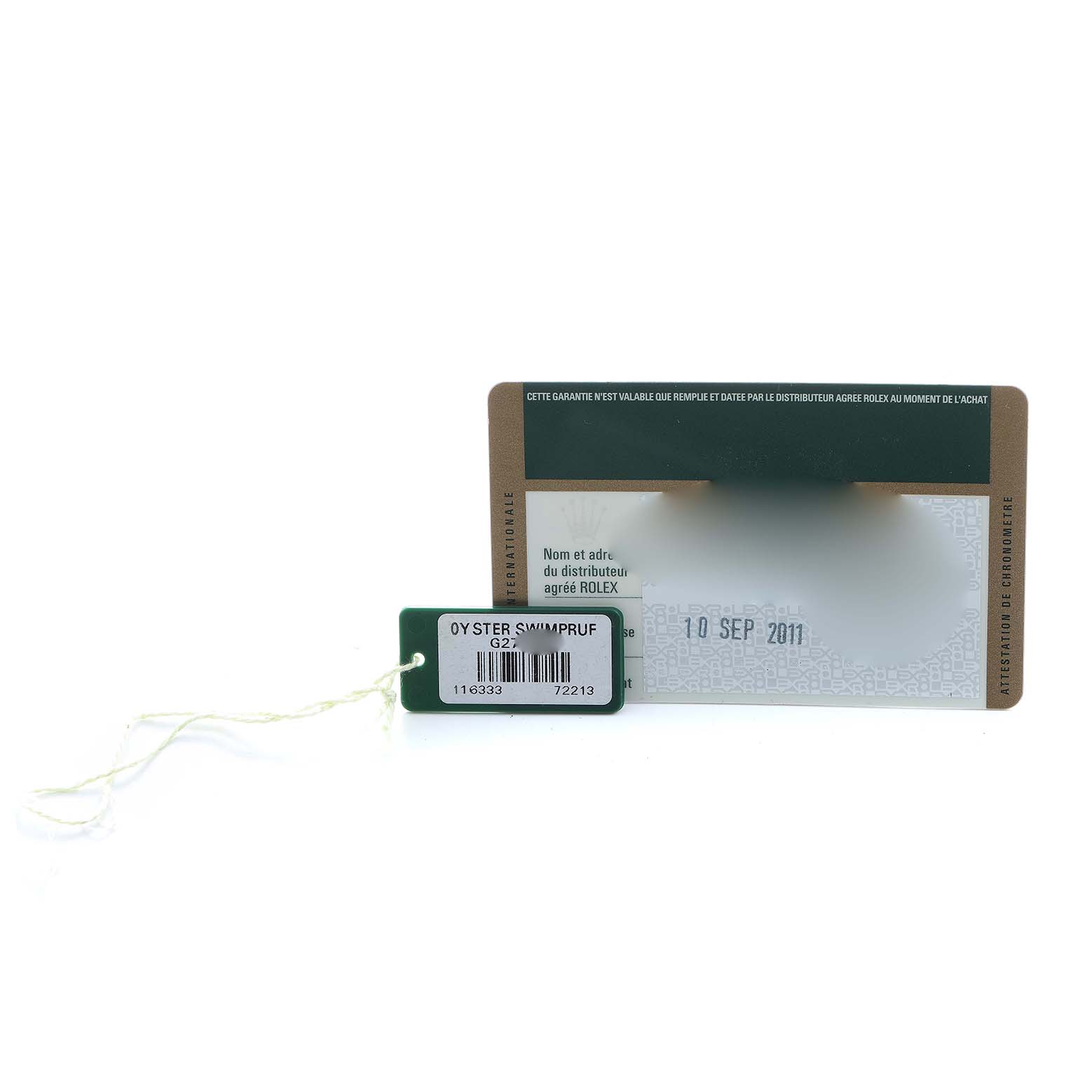 The image shows a warranty card and a swing tag for the Rolex Datejust 41 116333 Men's Steel and Gold (two tone) Silver Dial.