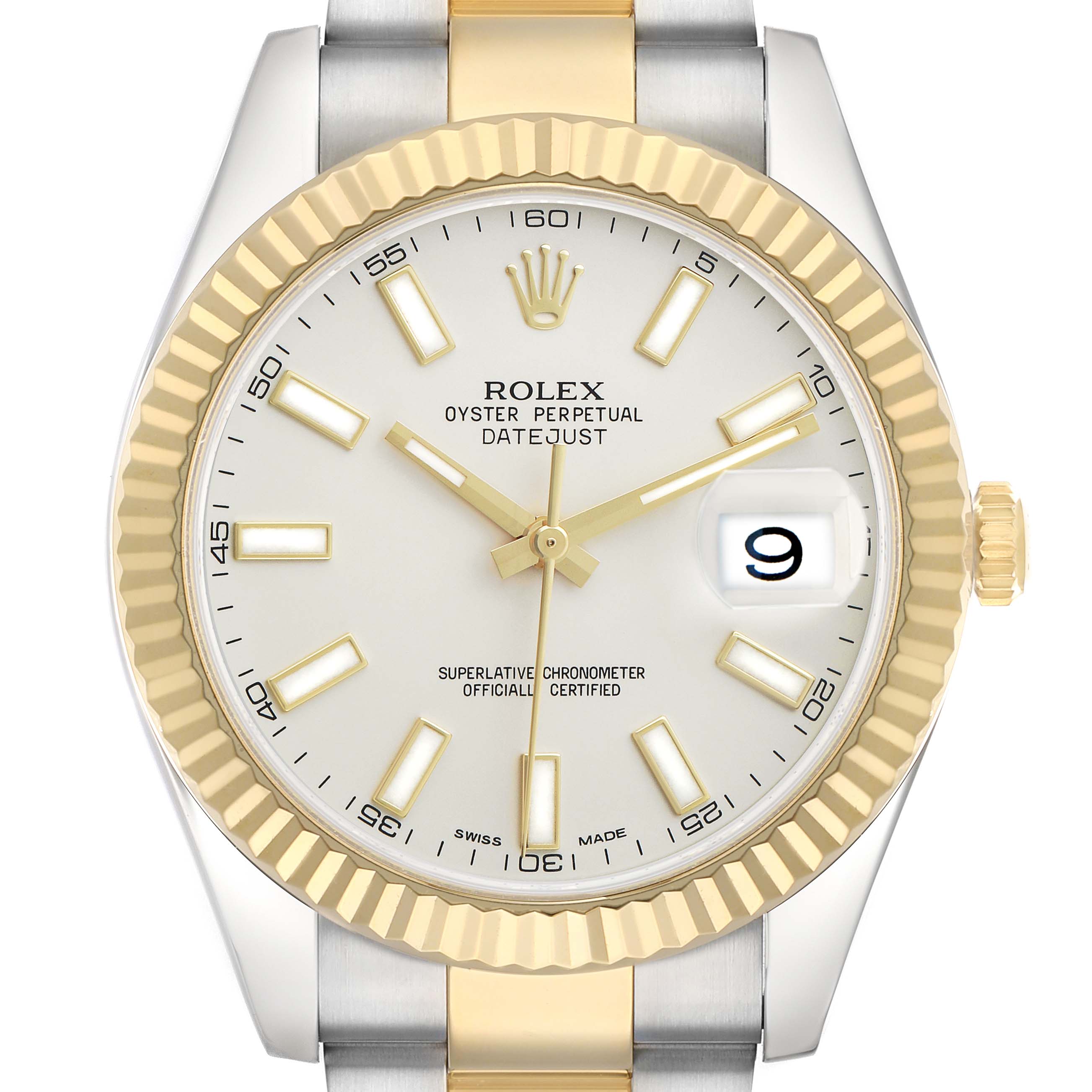 The Rolex Datejust 41 116333 Men's Steel and Gold (two tone) Silver Dial is shown from a front view, displaying the dial, hands, fluted bezel, and part of the bracelet.