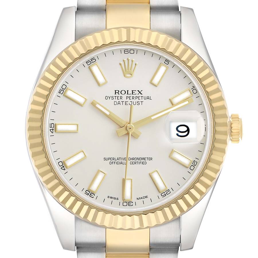 The Rolex Datejust 41 116333 Men's Steel and Gold (two tone) Silver Dial is shown from a front view, displaying the dial, hands, fluted bezel, and part of the bracelet.