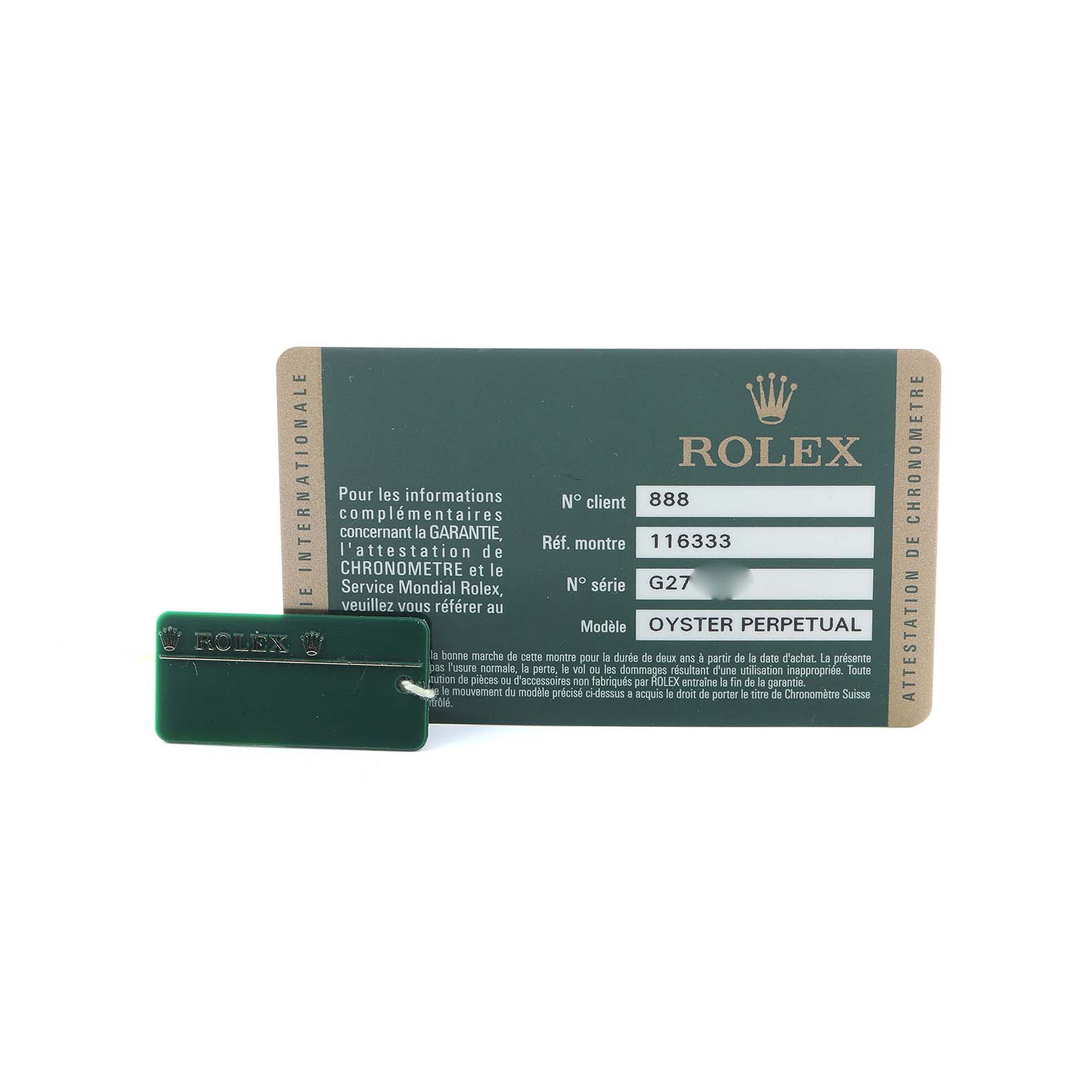 The image shows a Rolex Datejust 41 116333 Men's Steel and Gold (two tone) Silver Dial warranty card and green tag, both viewed from the front.