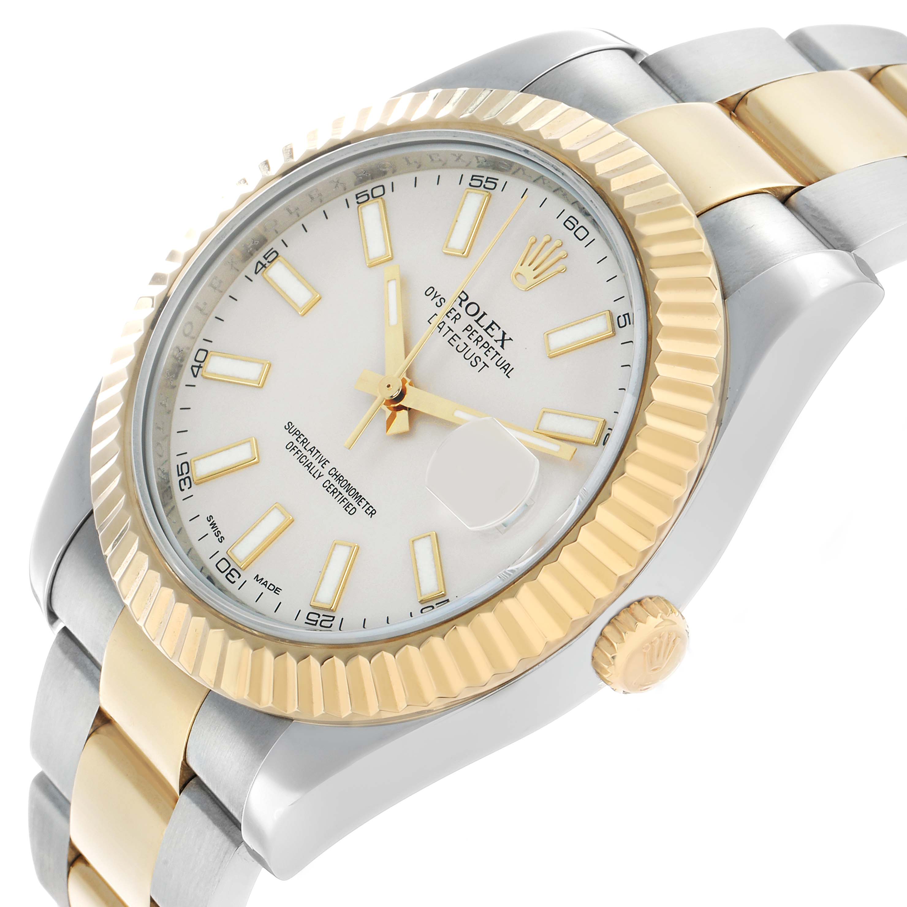 The Rolex Datejust 41 116333 Men's Steel and Gold (two tone) Silver Dial is shown at a slight angle, highlighting the dial, fluted bezel, and two-tone bracelet.