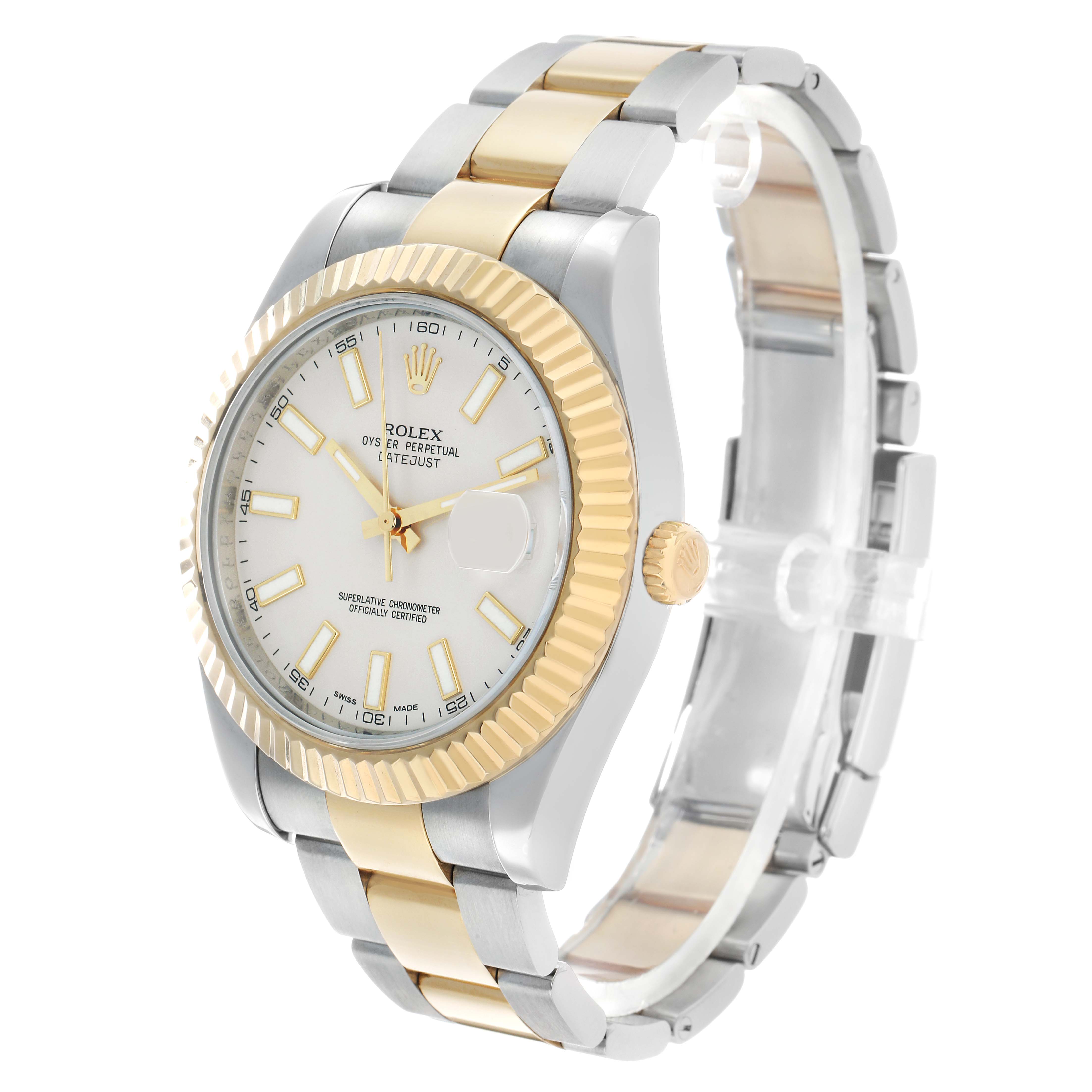 The image shows a Rolex Datejust 41 116333 Men's Steel and Gold (two tone) Silver Dial from a three-quarter angle, highlighting the bezel, face, and two-tone bracelet.