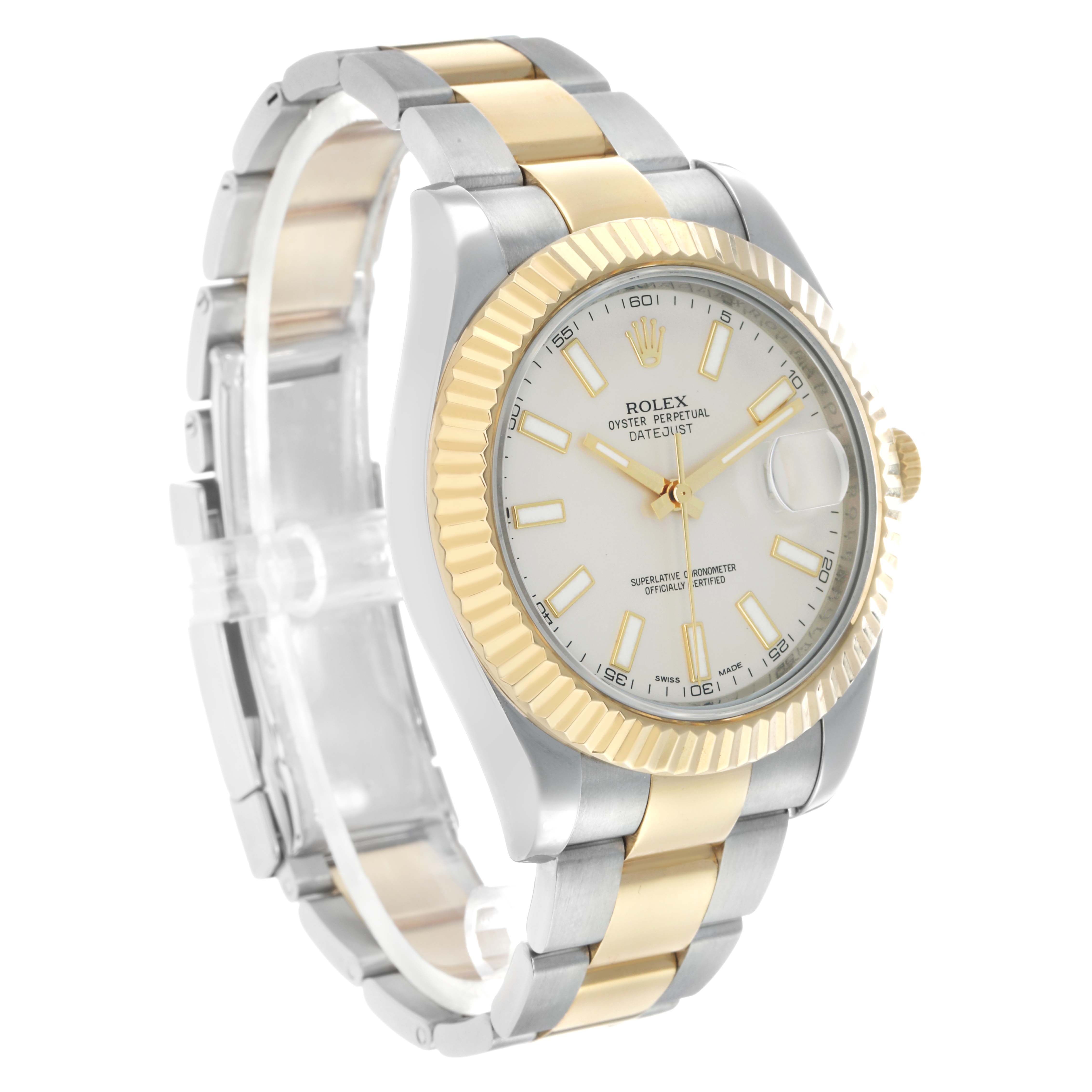 The Rolex Datejust 41 116333 Men's Steel and Gold (two tone) Silver Dial watch is shown at a three-quarter angle, displaying the face, bezel, and part of the bracelet.