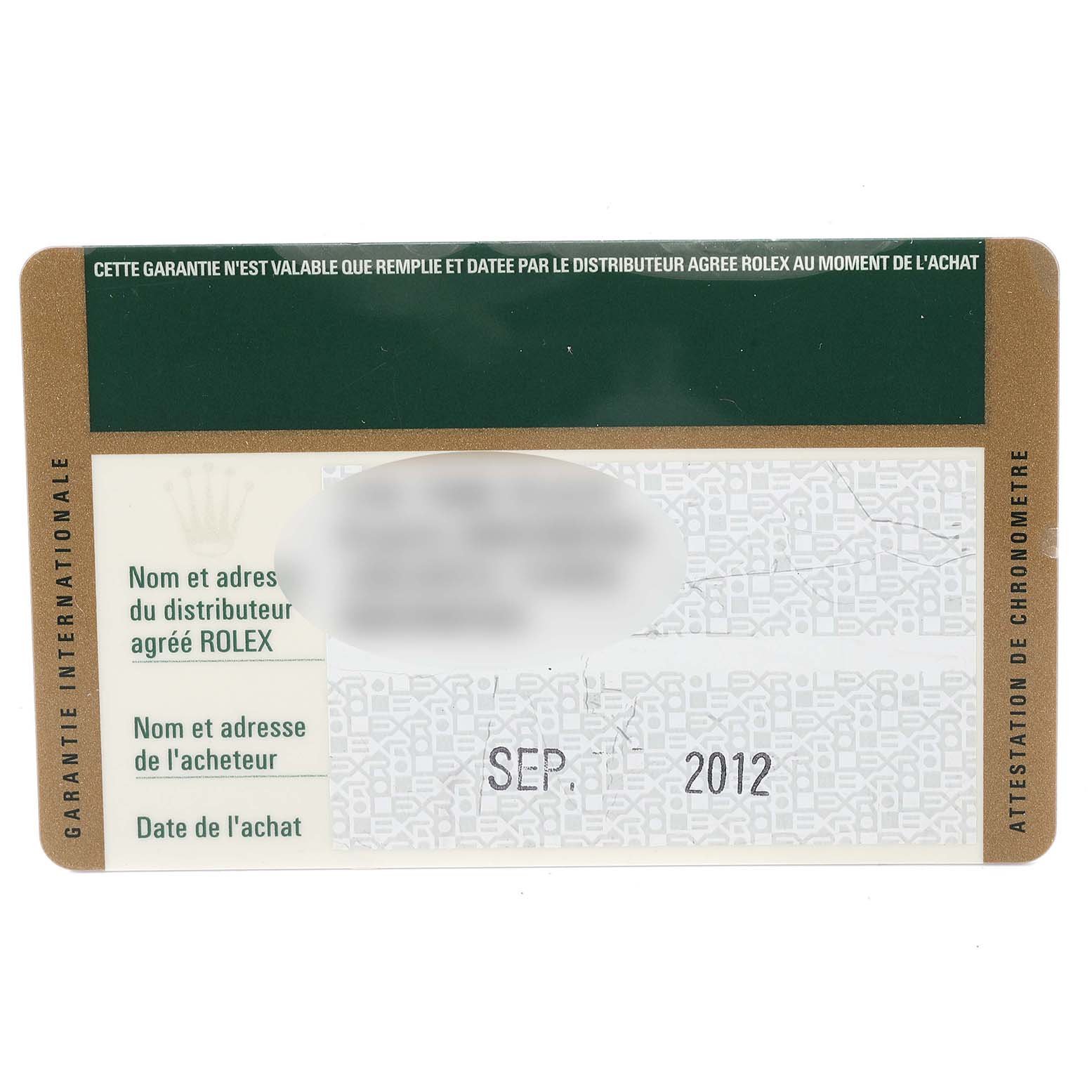 This image shows the International Warranty card for a Rolex Datejust 41 116333 Men's Steel and Gold (two tone) Champagne Dial 116333 Men's Steel and Gold (two tone) Champagne Dial, featuring purchase details and branding.
