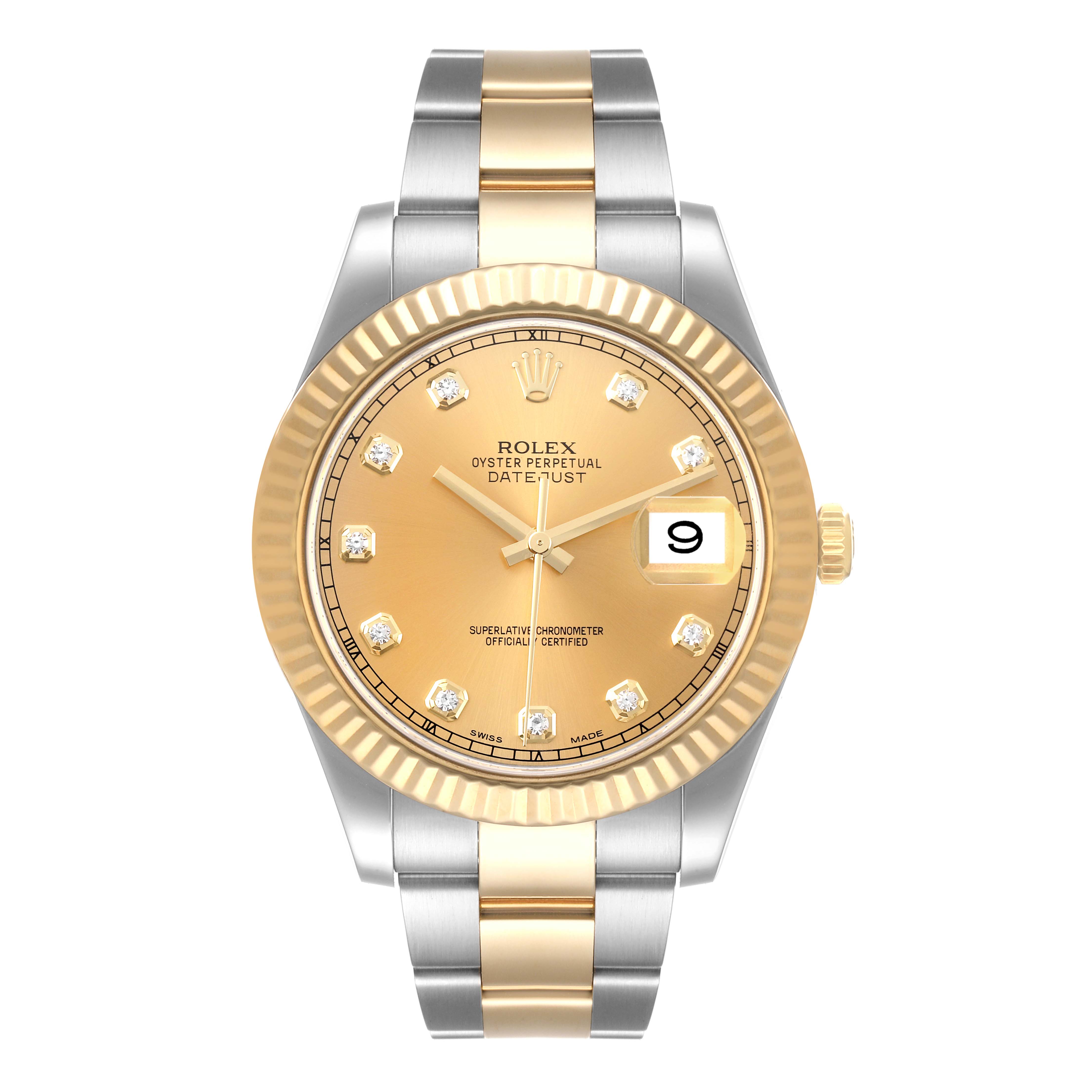 This image shows the front view of a Rolex Datejust 41 116333 Men's Steel and Gold (two tone) Champagne Dial 116333 Men's Steel and Gold (two tone) Champagne Dial watch, highlighting its dial, bezel, and two-tone bracelet.