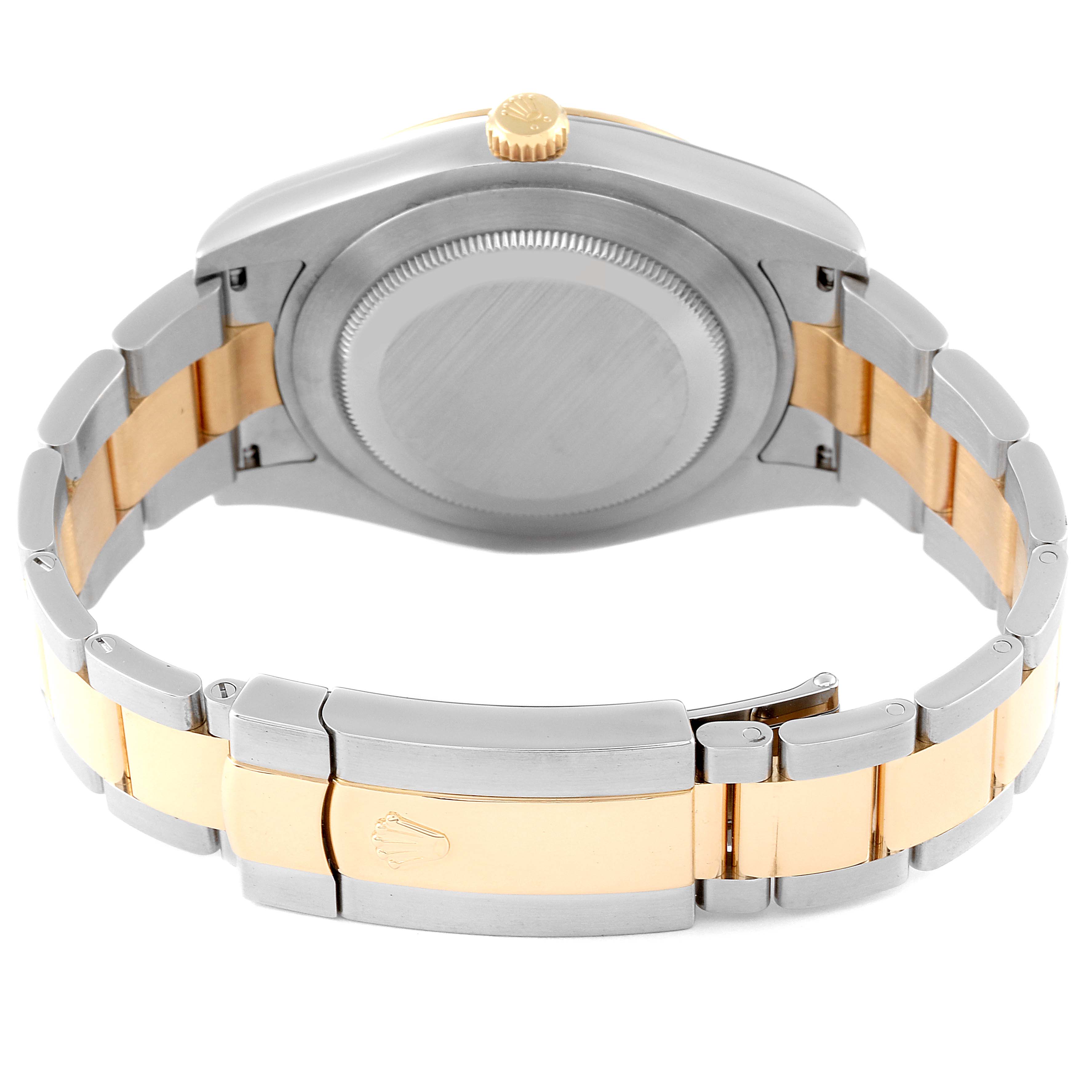 This image shows the back case and clasp of a Rolex Datejust 41 116333 Men's Steel and Gold (two tone) Champagne Dial 116333 Men's Steel and Gold (two tone) Champagne Dial model, with a two-tone bracelet.