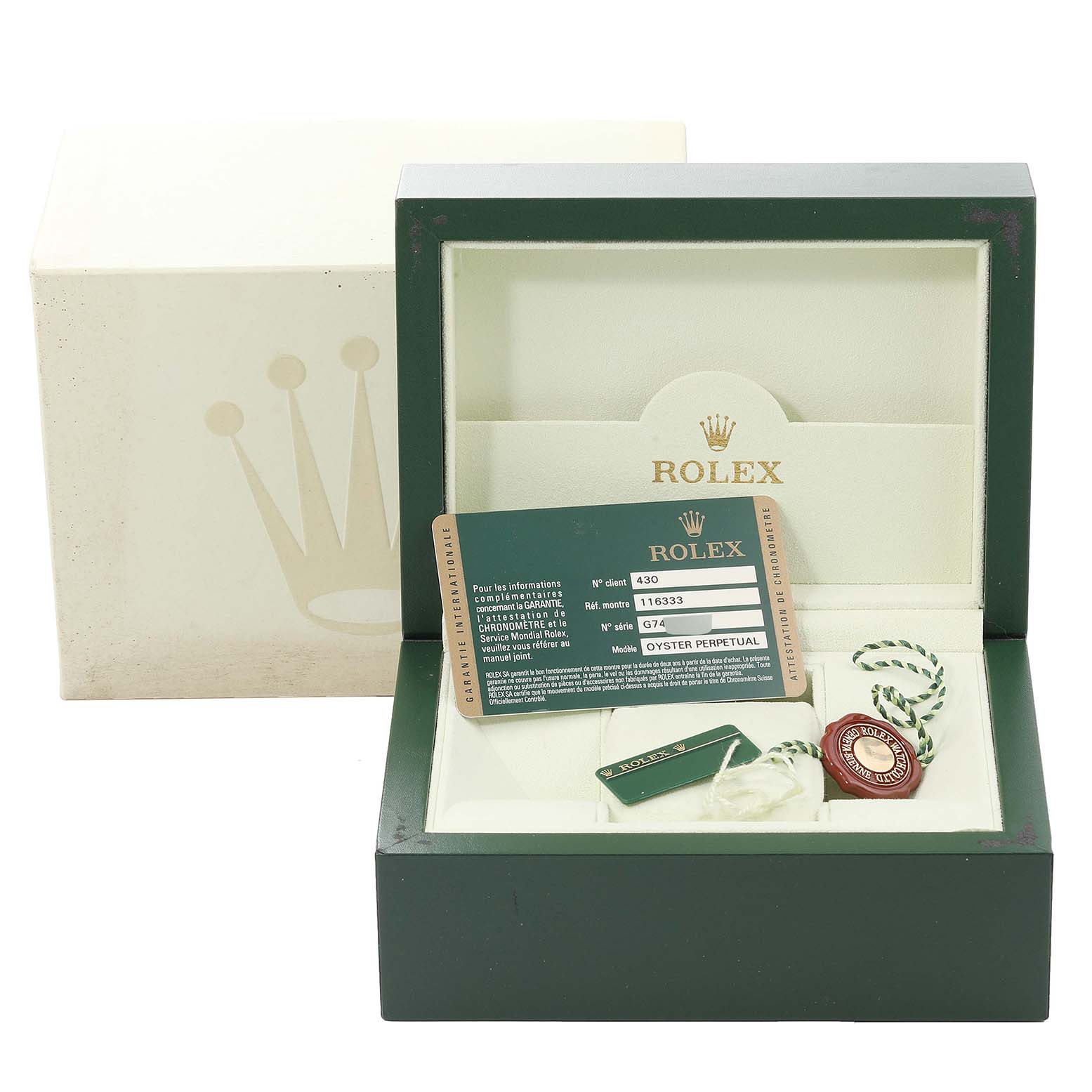 The image shows the packaging of a Rolex Datejust 41 116333 Men's Steel and Gold (two tone) Champagne Dial 116333 Men's Steel and Gold (two tone) Champagne Dial watch, including the inner and outer boxes, a warranty card, and tags.