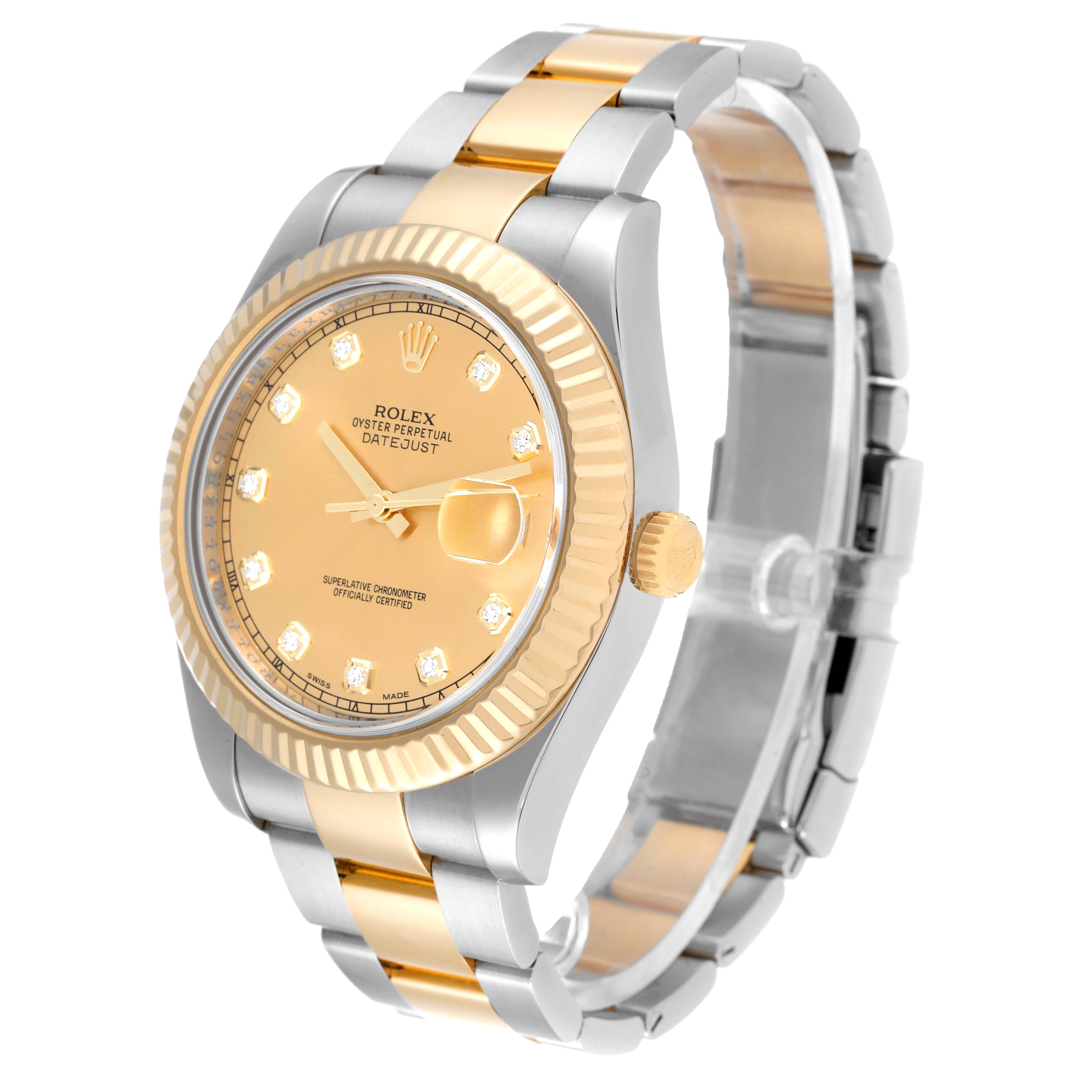 This image shows a Rolex Datejust 41 116333 Men's Steel and Gold (two tone) Champagne Dial 116333 Men's Steel and Gold (two tone) Champagne Dial watch at an angled view, highlighting its gold and silver bracelet and diamond-accented dial.