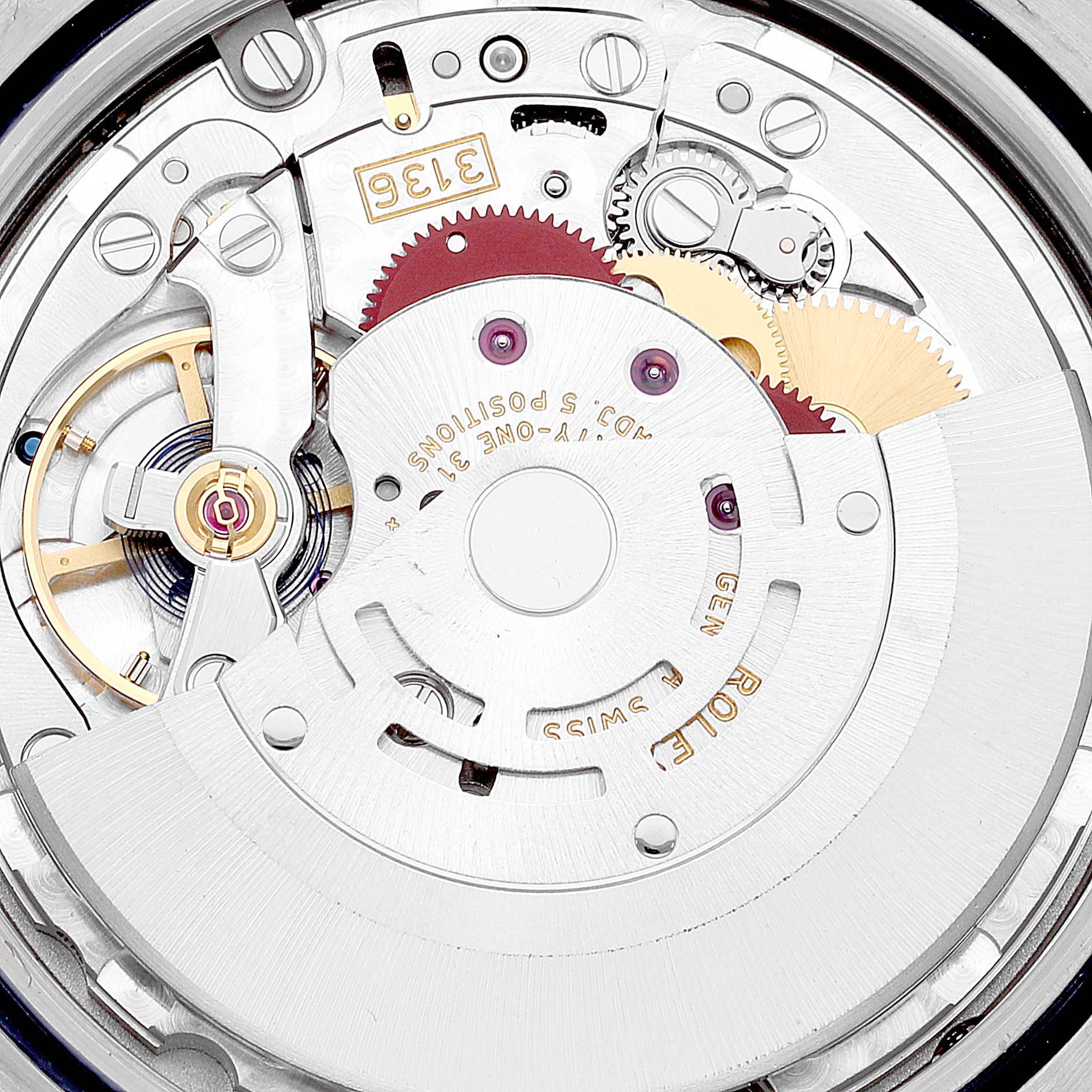 This image shows the mechanical movement of a Rolex Datejust 41 116333 Men's Steel and Gold (two tone) Champagne Dial 116333 Men's Steel and Gold (two tone) Champagne Dial model from a close-up, internal angle.