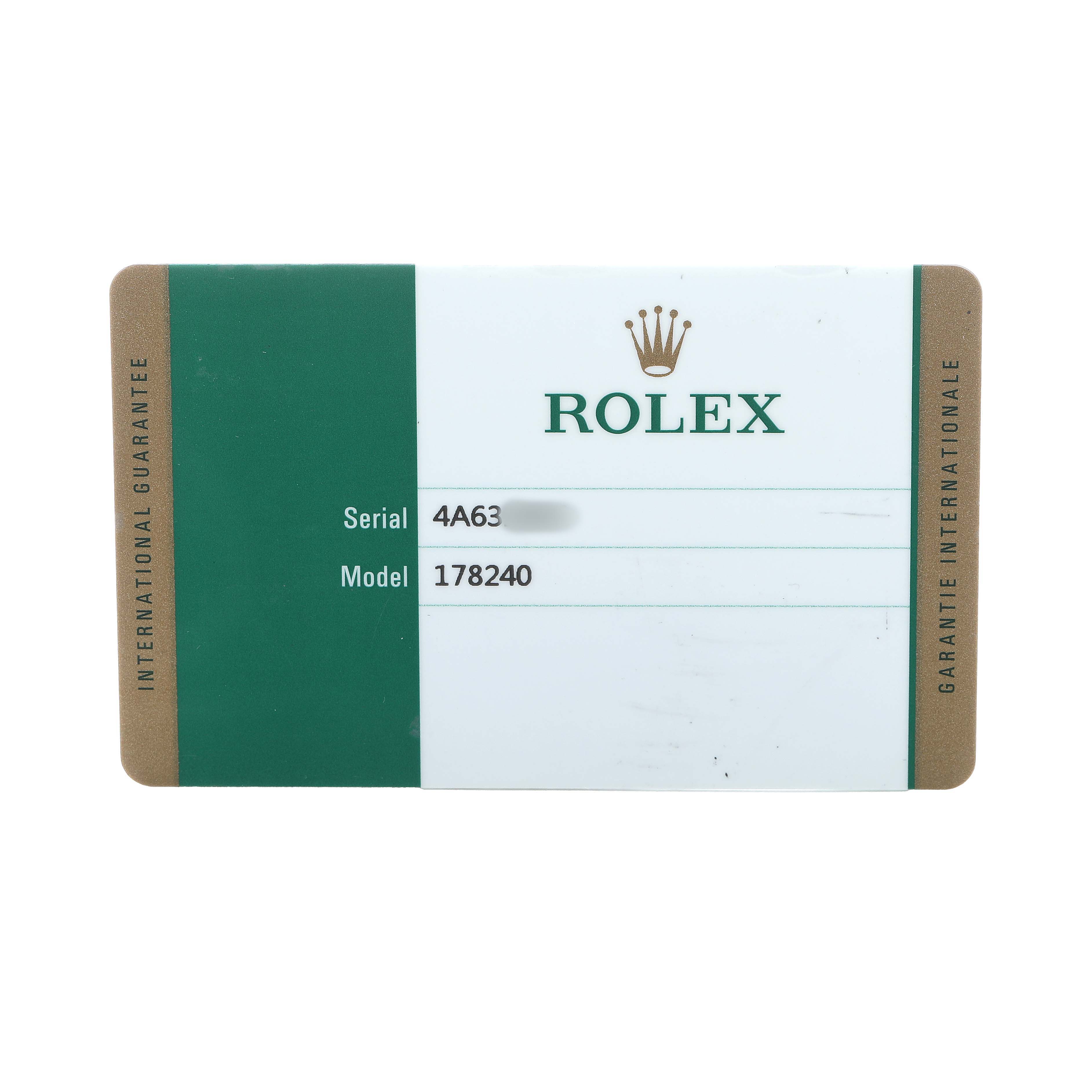 The image shows a Rolex warranty card for the Mid-Size model 178240, displaying the brand logo and serial number.