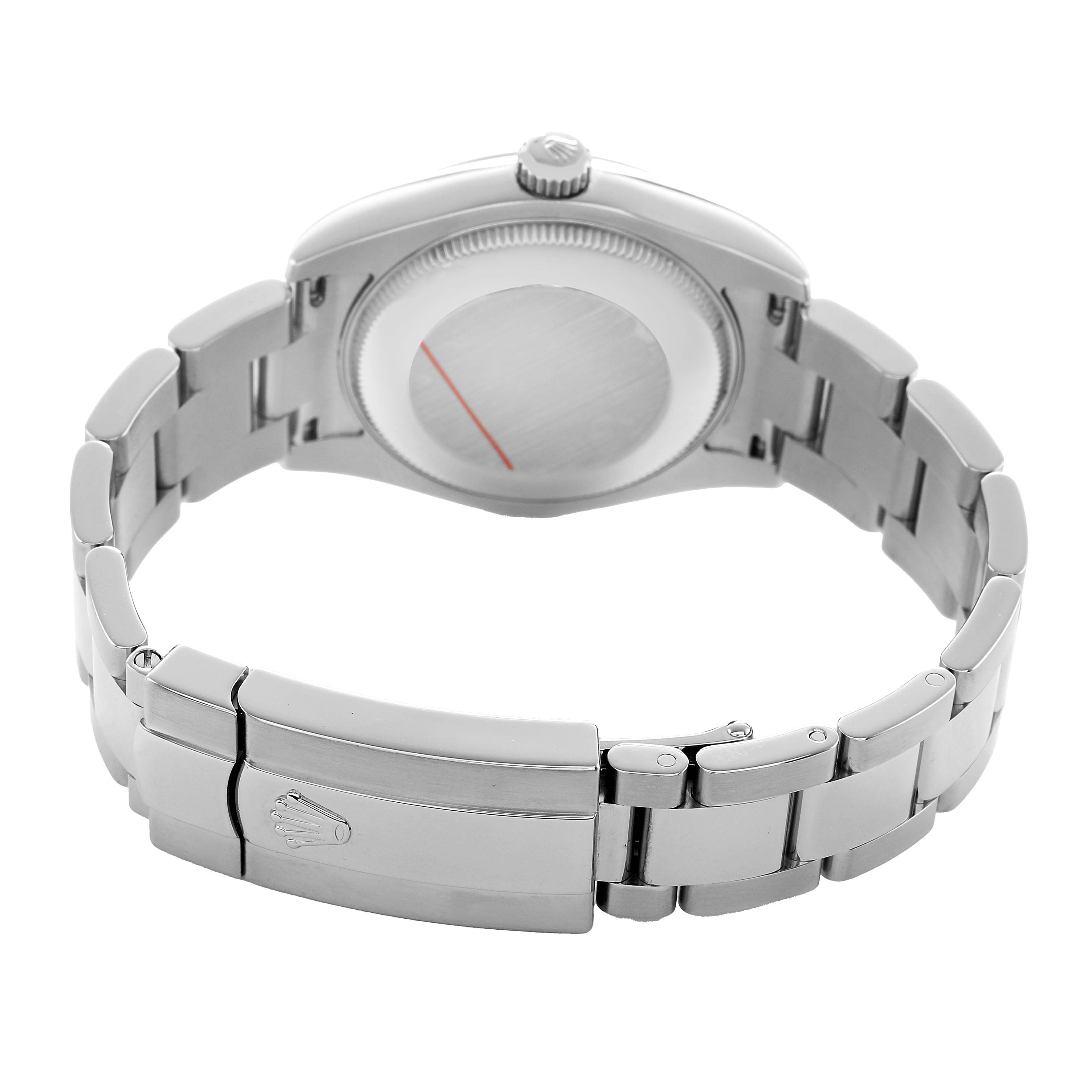 The image shows the back and clasp of a Rolex Mid-Size 178240 Women's Stainless Steel Pink Dial watch at an angled view, highlighting the bracelet and crown emblem.