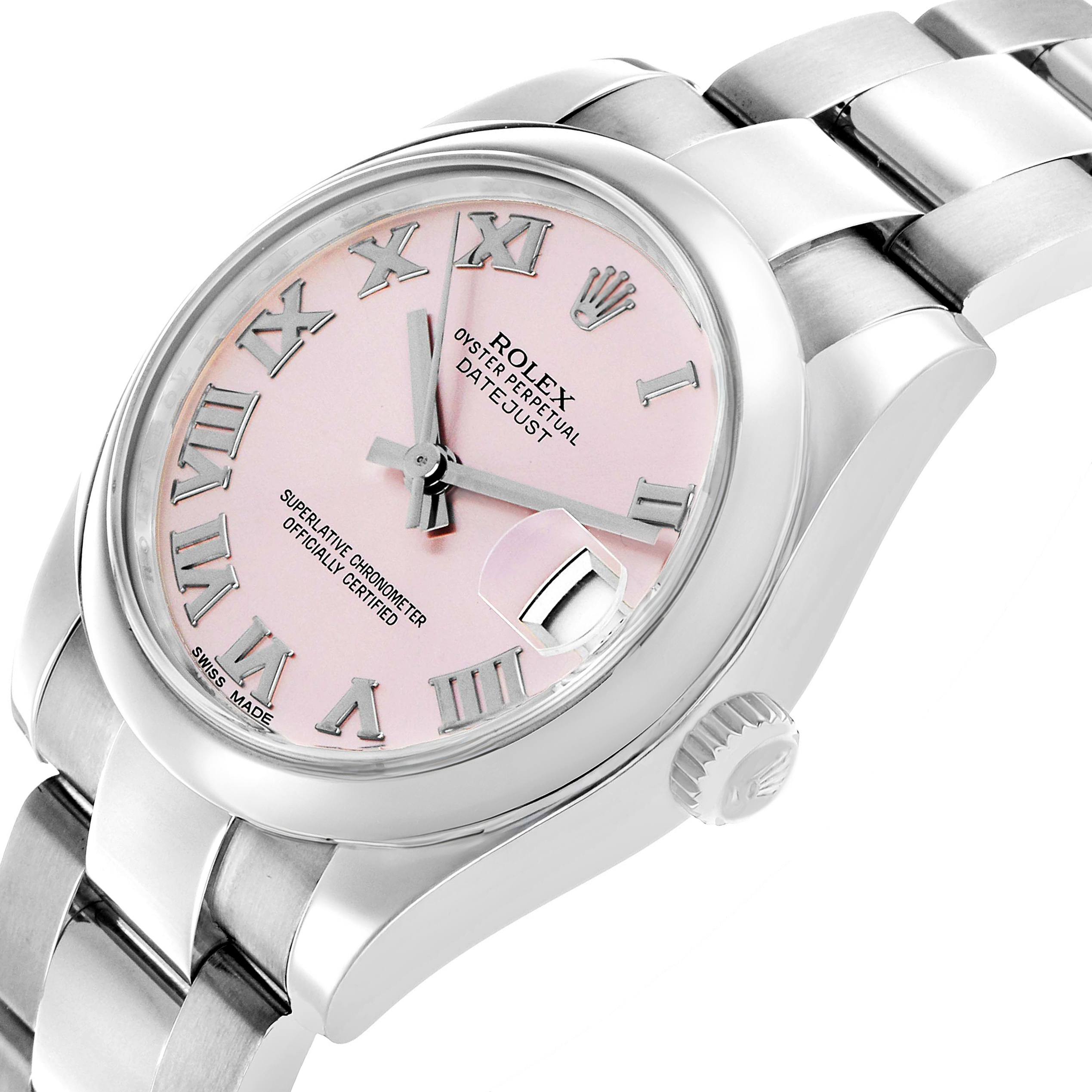 The Rolex Mid-Size 178240 Women's Stainless Steel Pink Dial watch is shown from an angled side view, highlighting the pink dial, crown, and bracelet.