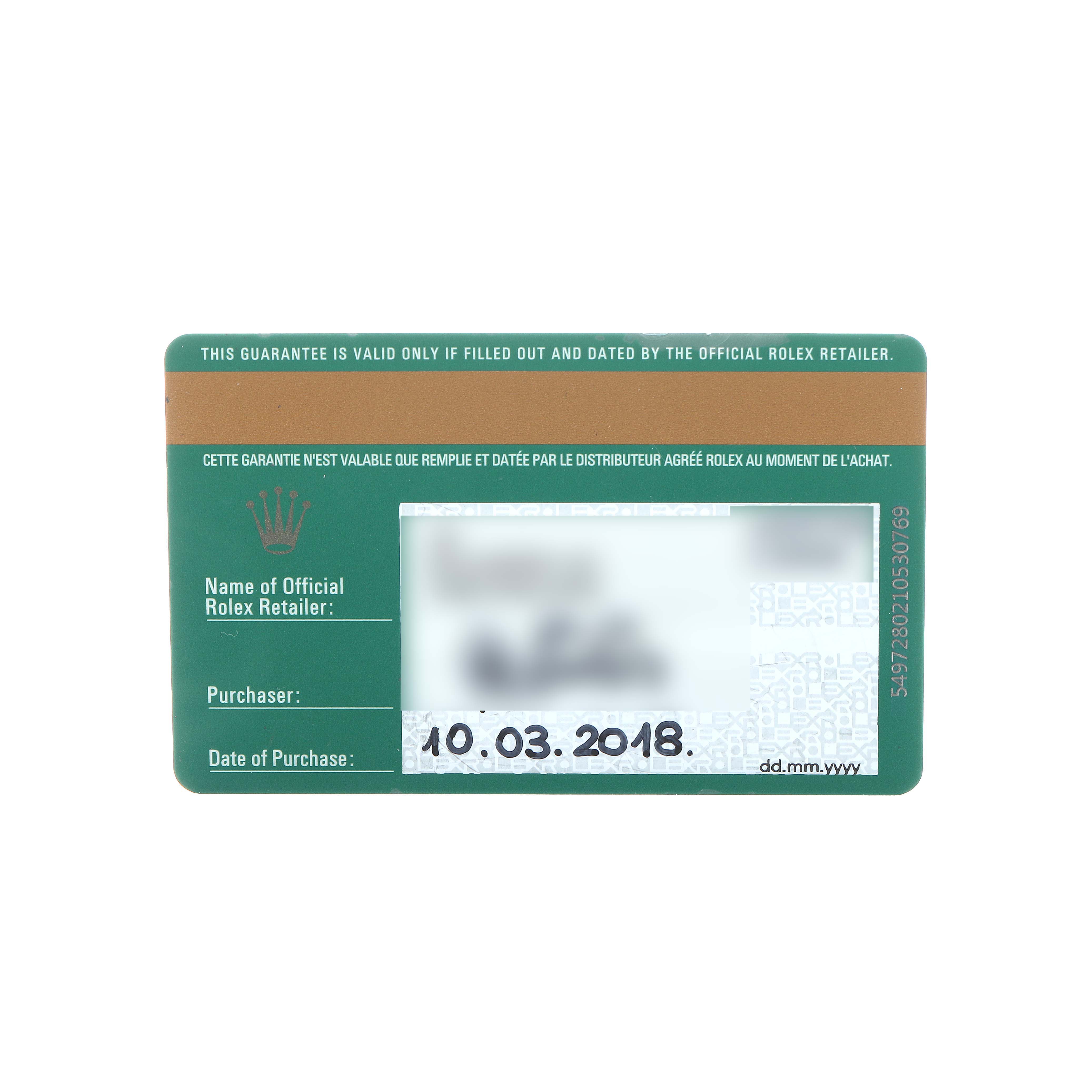 The image shows a warranty card for a Rolex Mid-Size 178240 Women's Stainless Steel Pink Dial model, featuring purchase details.