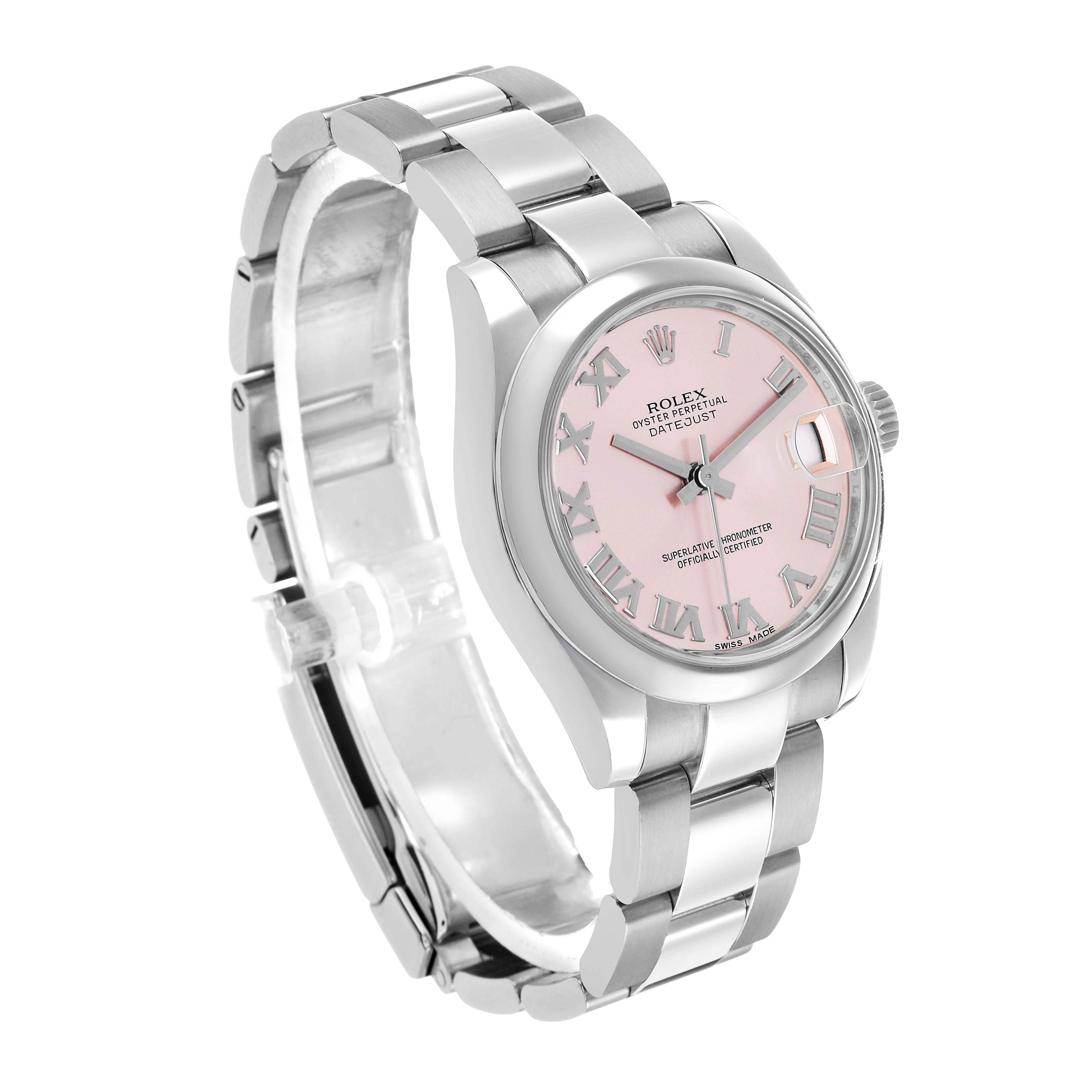 The Rolex Mid-Size 178240 Women's Stainless Steel Pink Dial model is shown at a three-quarter angle, highlighting the pink dial, bracelet, and crown.