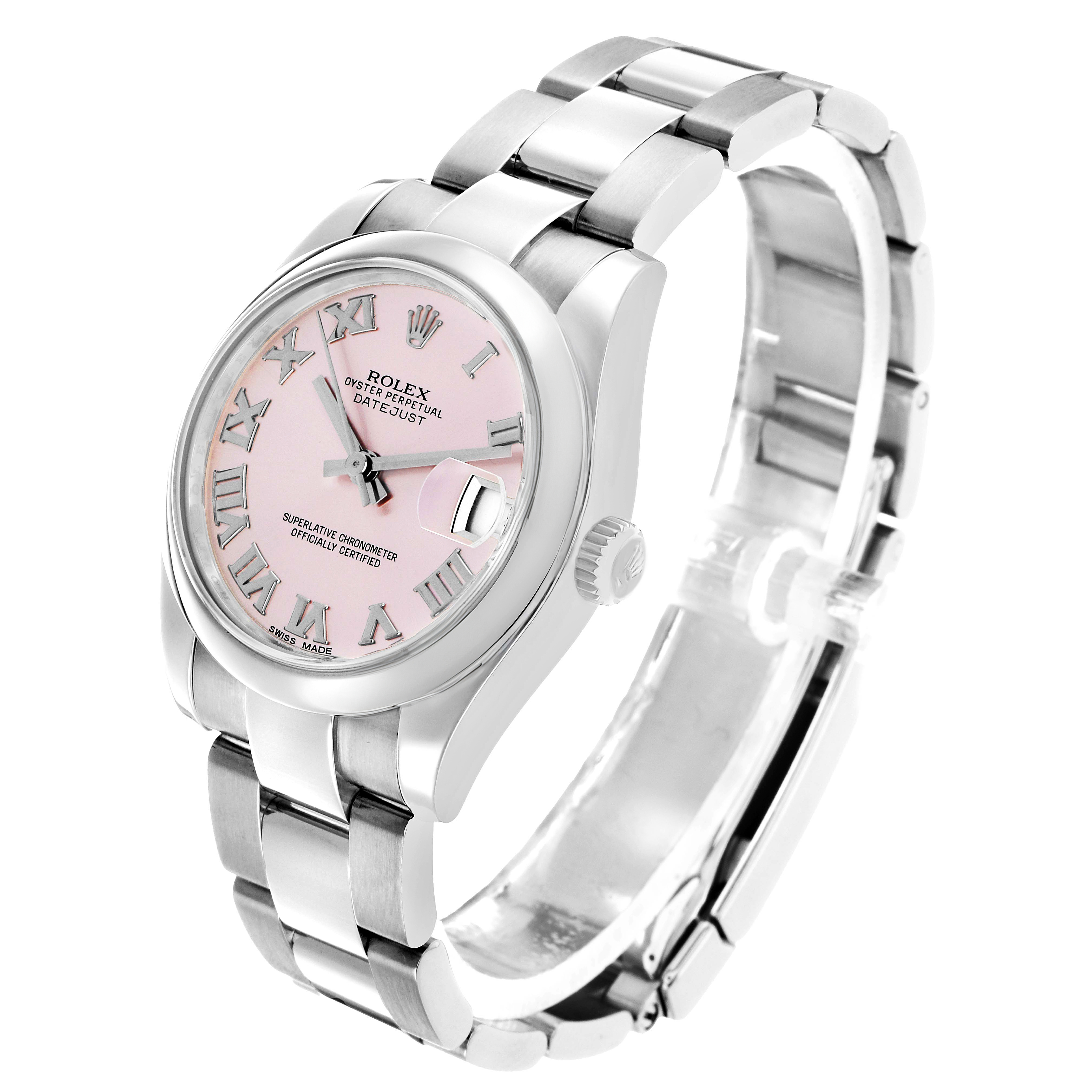 The Rolex Mid-Size 178240 Women's Stainless Steel Pink Dial watch is angled to show the bracelet, case, pink dial with Roman numerals, crown, and partial clasp.