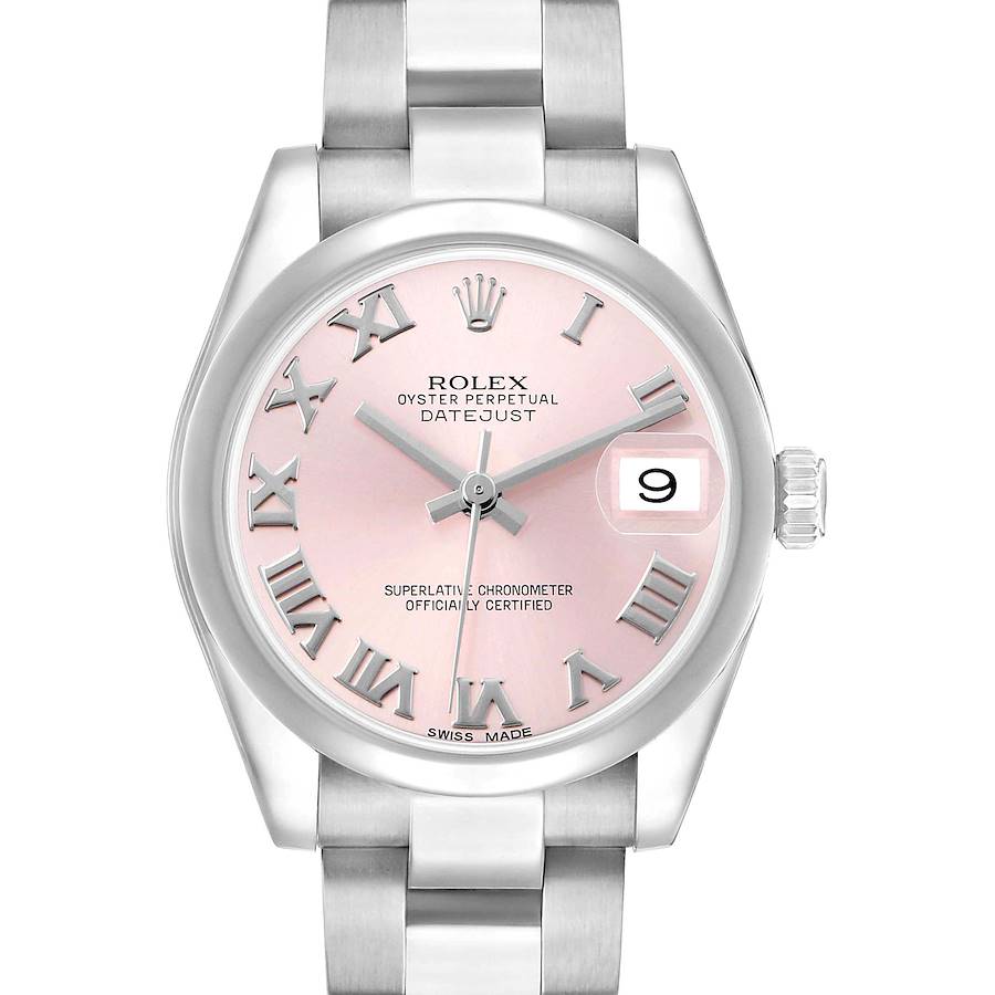 The Rolex Datejust Mid-Size watch is shown from a top view, displaying the pink dial, Roman numerals, date window, and bracelet.